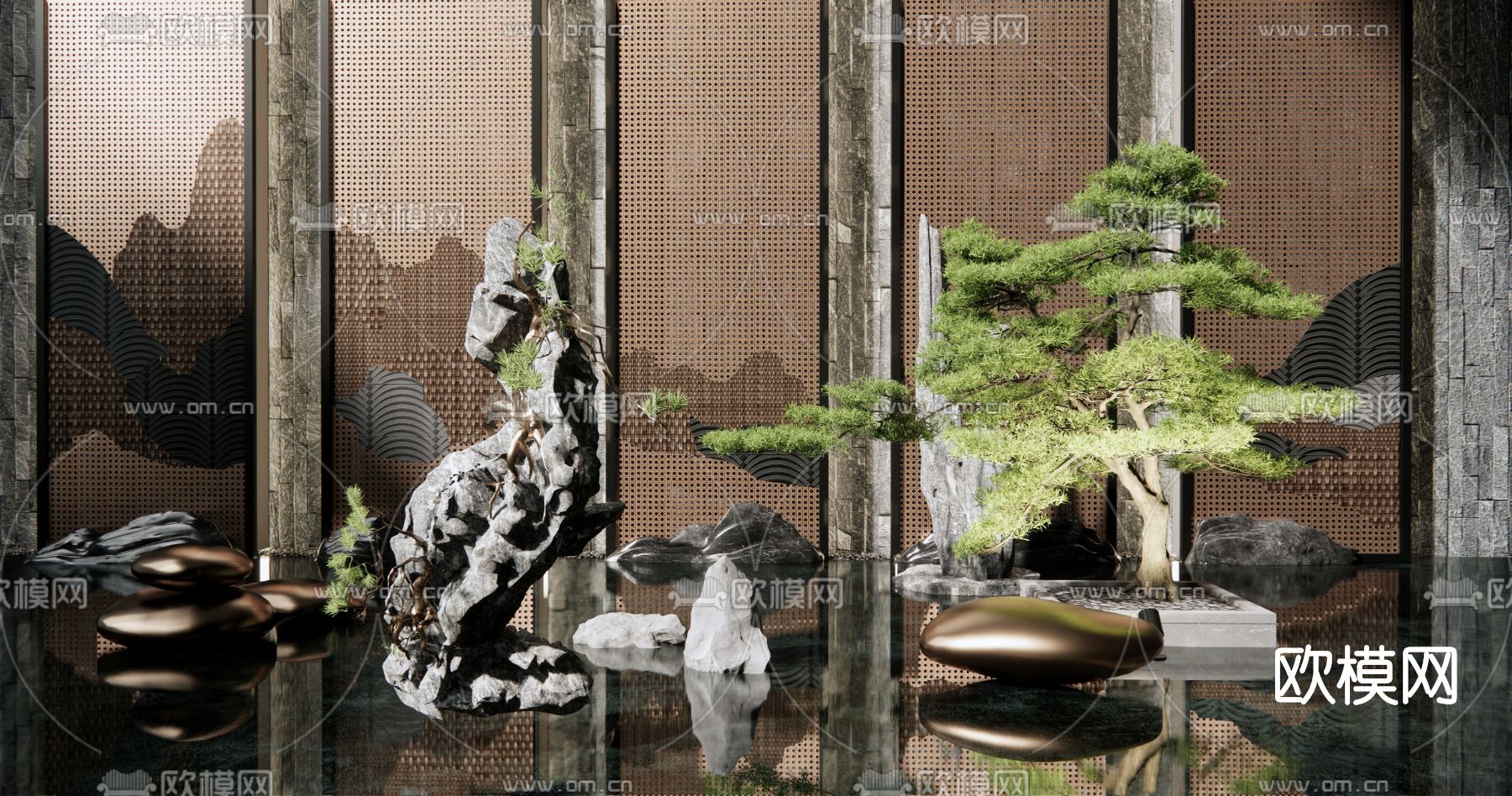 新中式假山水景小品su模型下载（渲染图1）