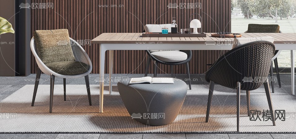 现代实木户外休闲桌椅3d模型下载(渲染图2)