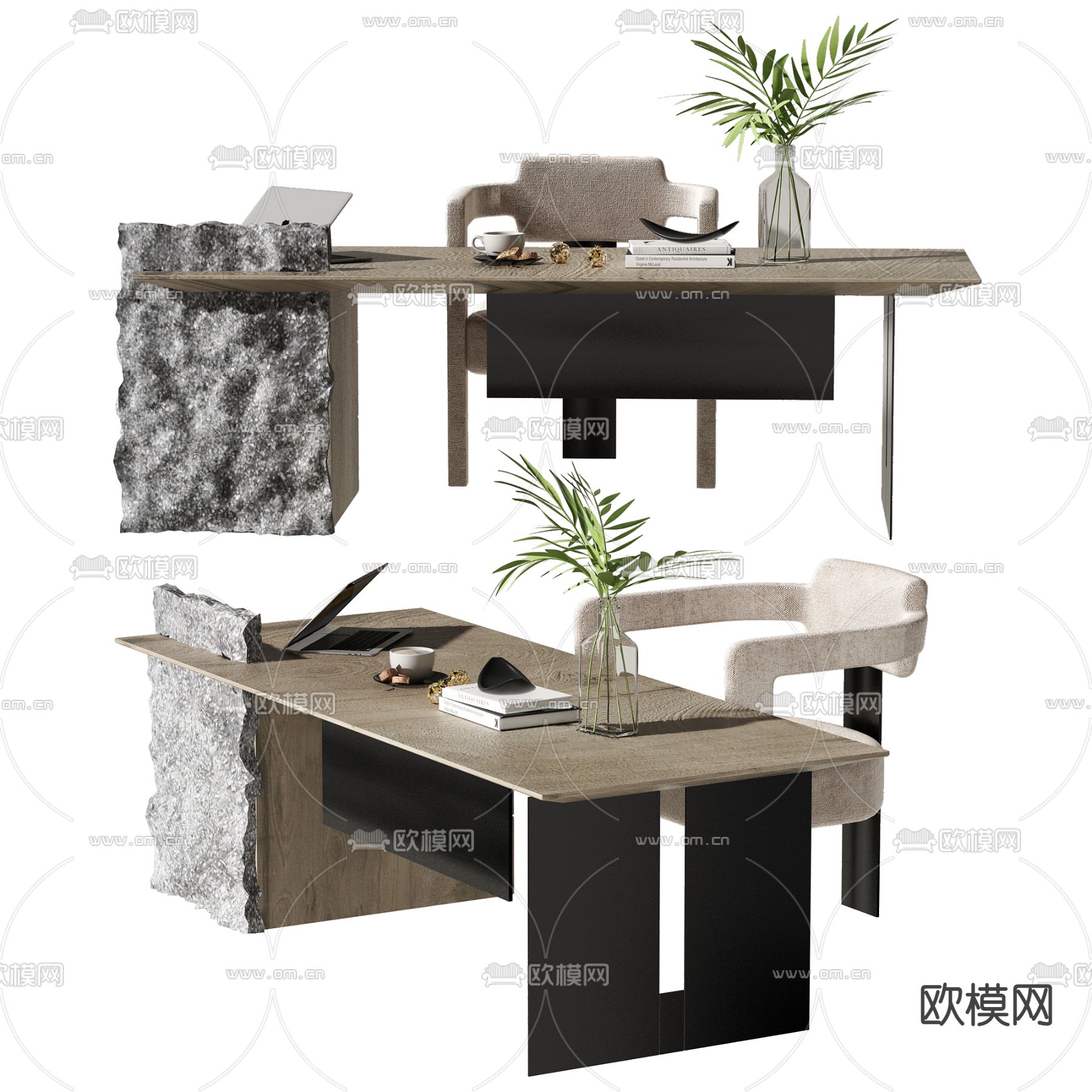 现代实木书桌椅3d模型
