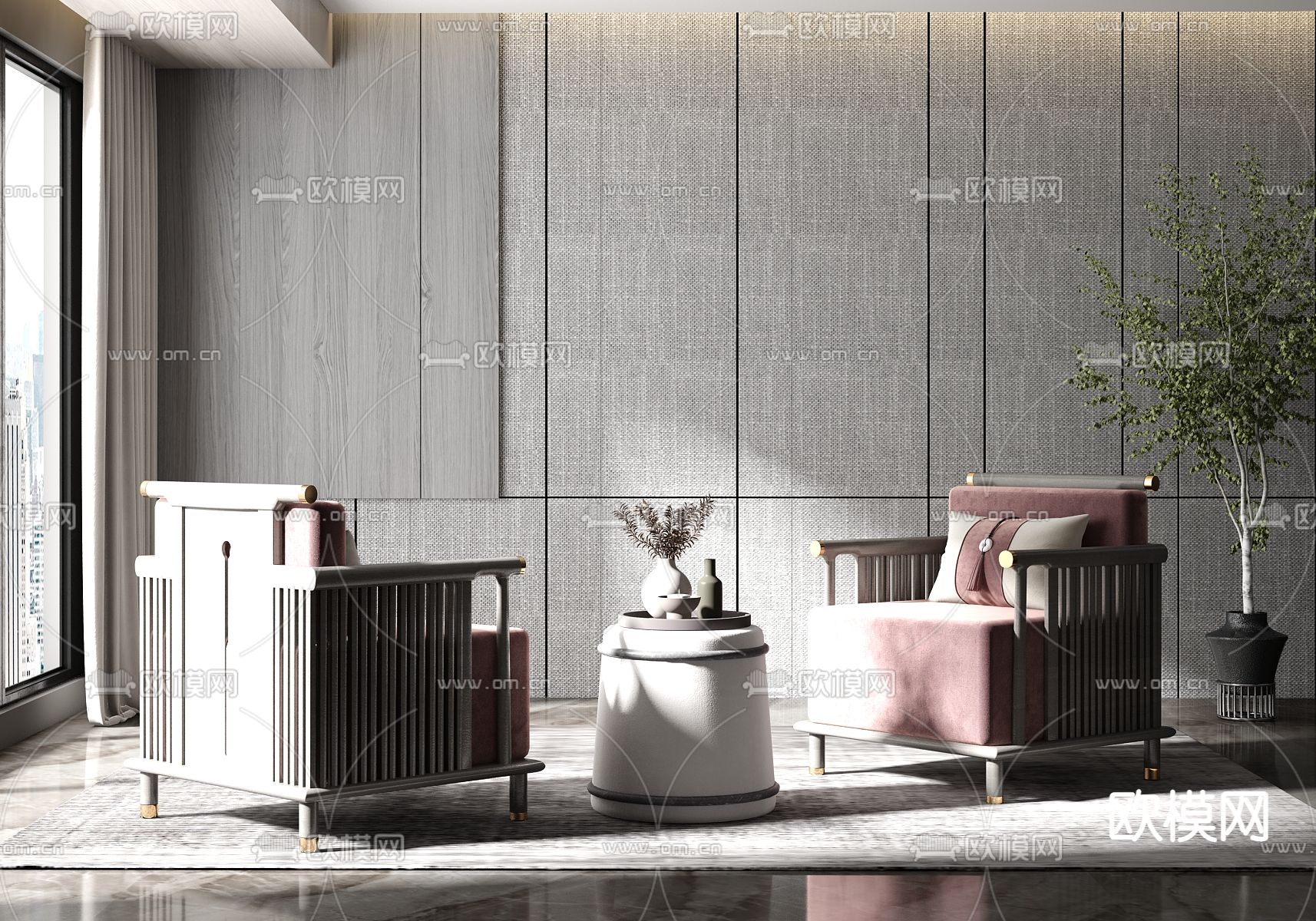 新中式实木绒布单人沙发3d模型下载