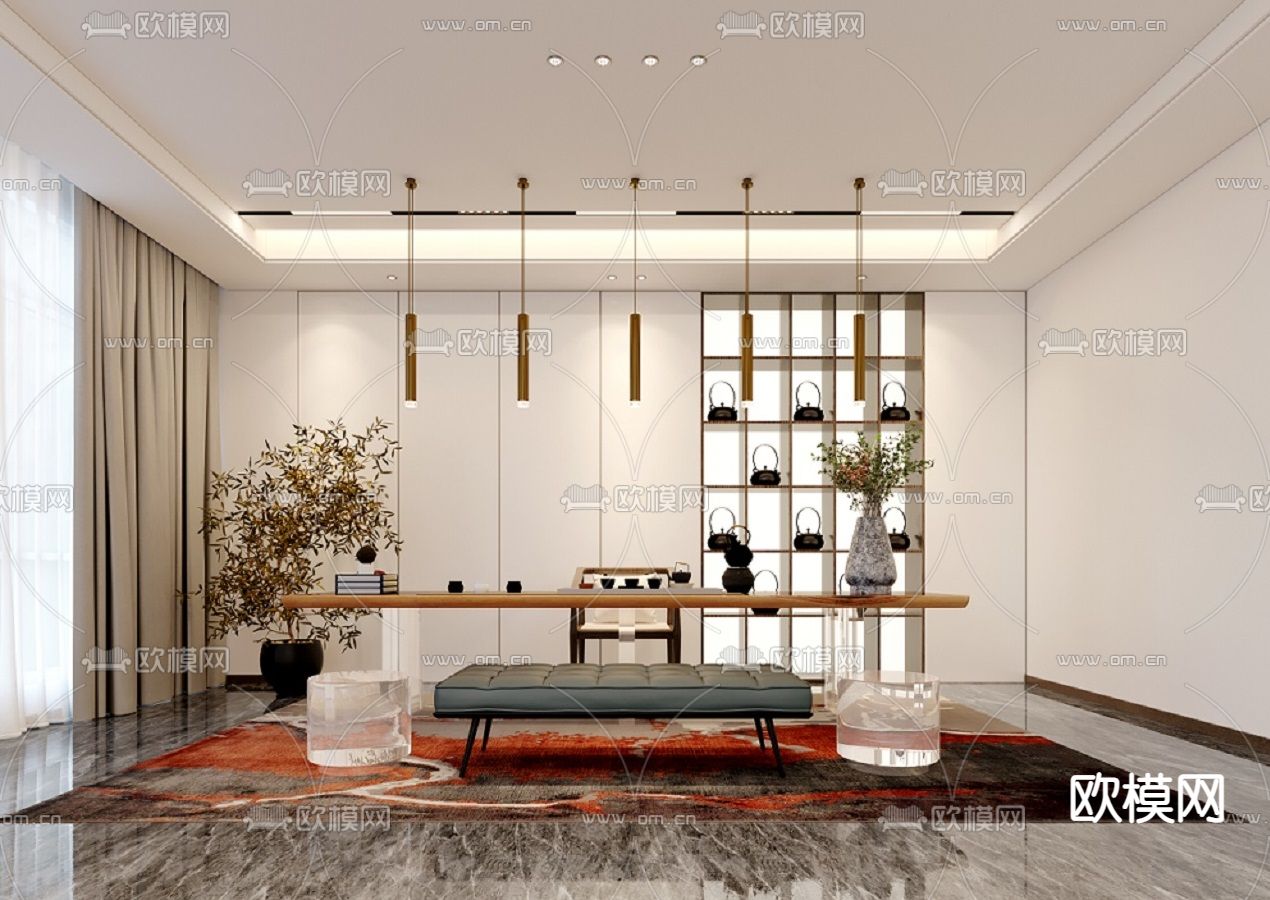 新中式茶室免费3d模型下载（渲染图1）