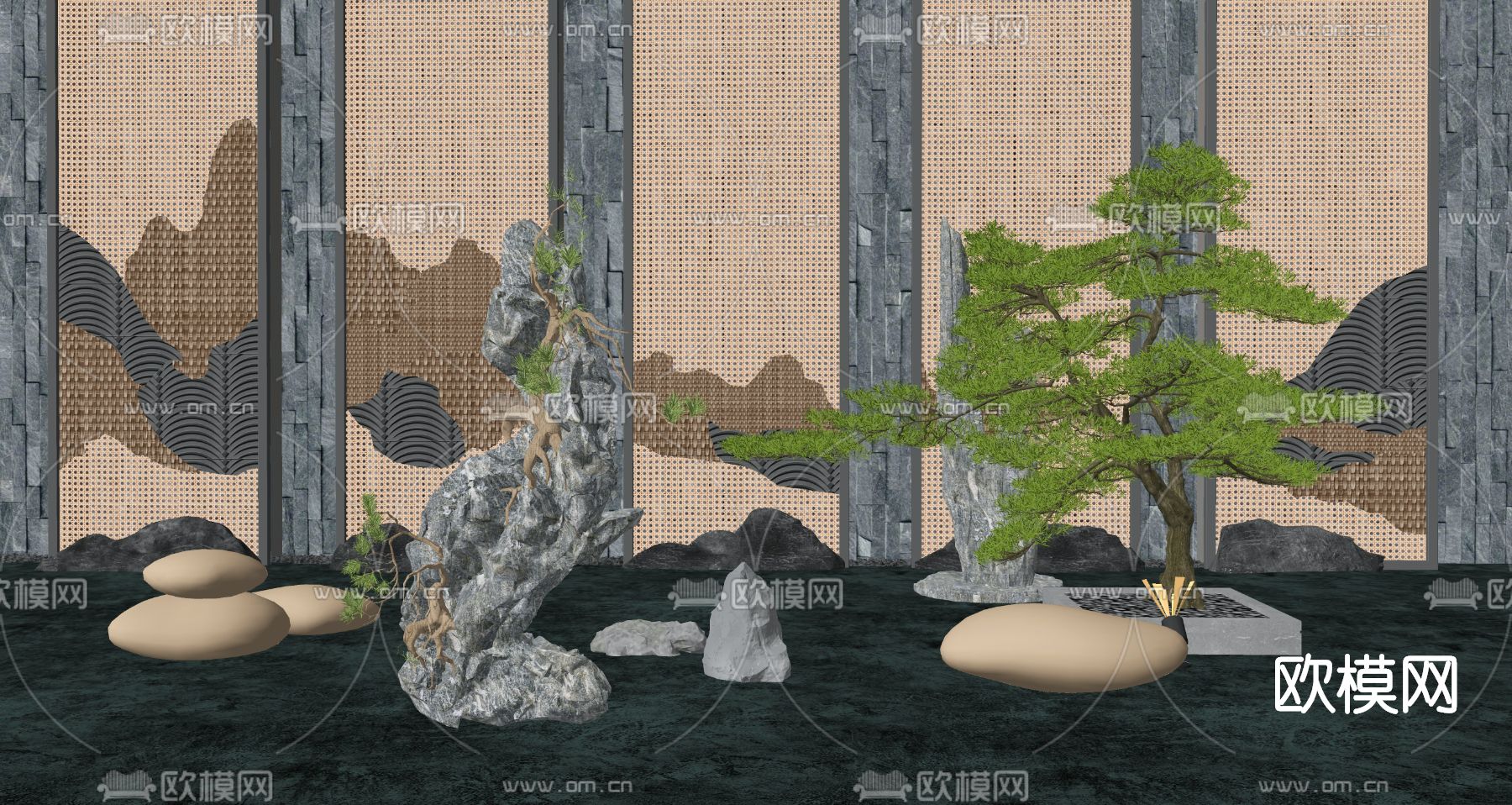 新中式假山水景小品su模型下载（渲染图2）