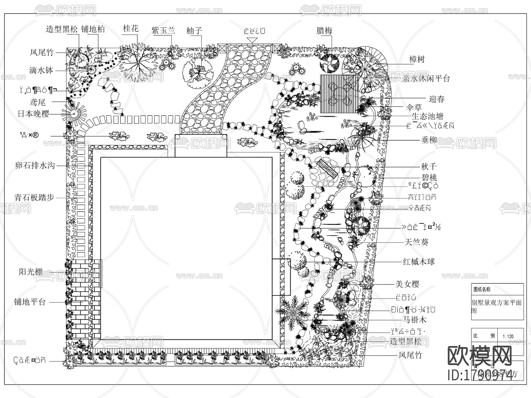 别墅庭院绿化cad施工图下载