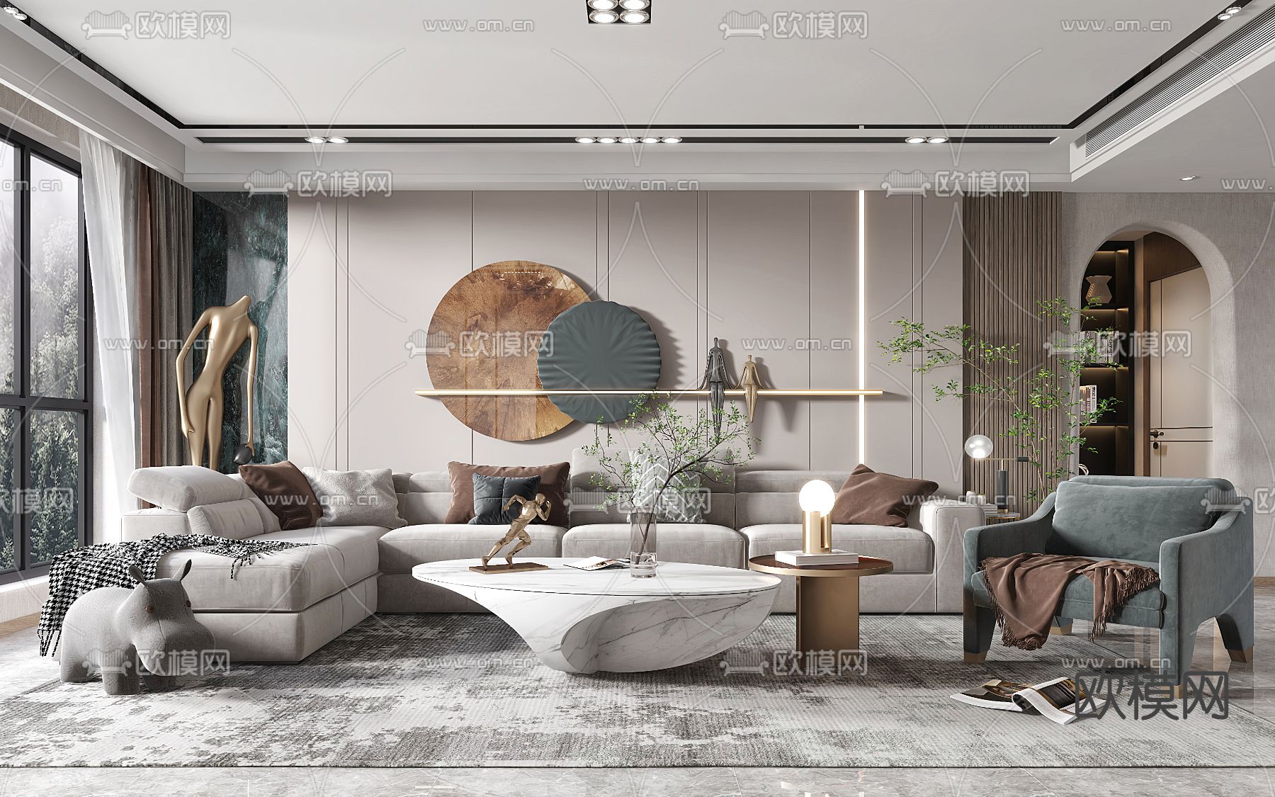 现代布艺转角沙发组合3d模型下载（渲染图1）