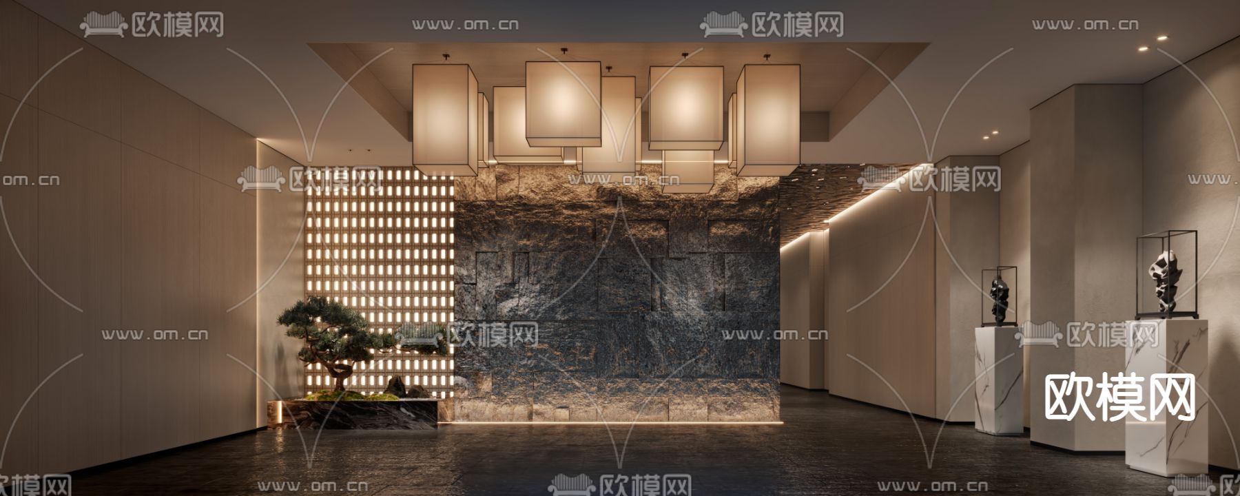新中式会所门厅过道3d模型