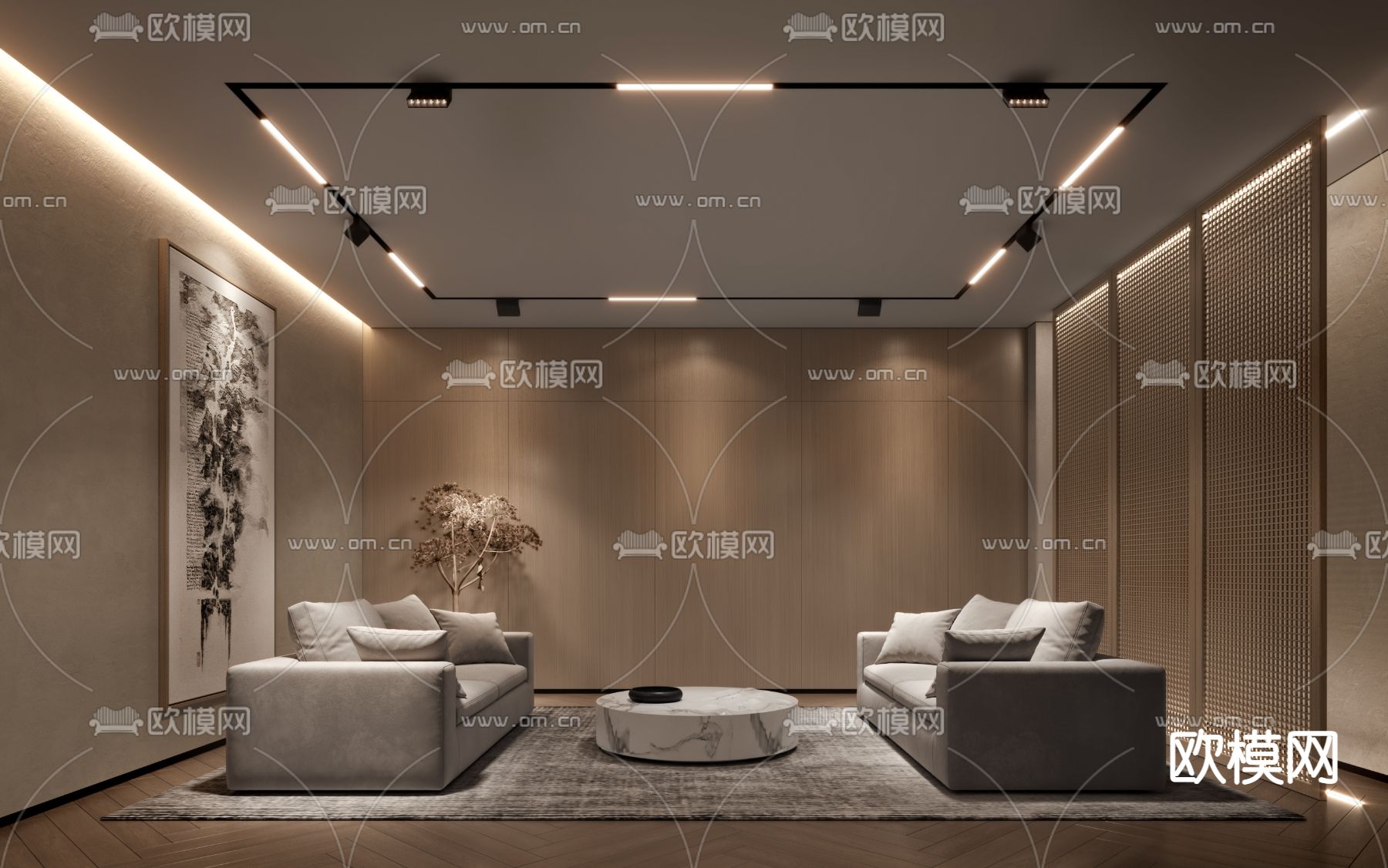 新中式会所会客室3d模型下载（渲染图1）