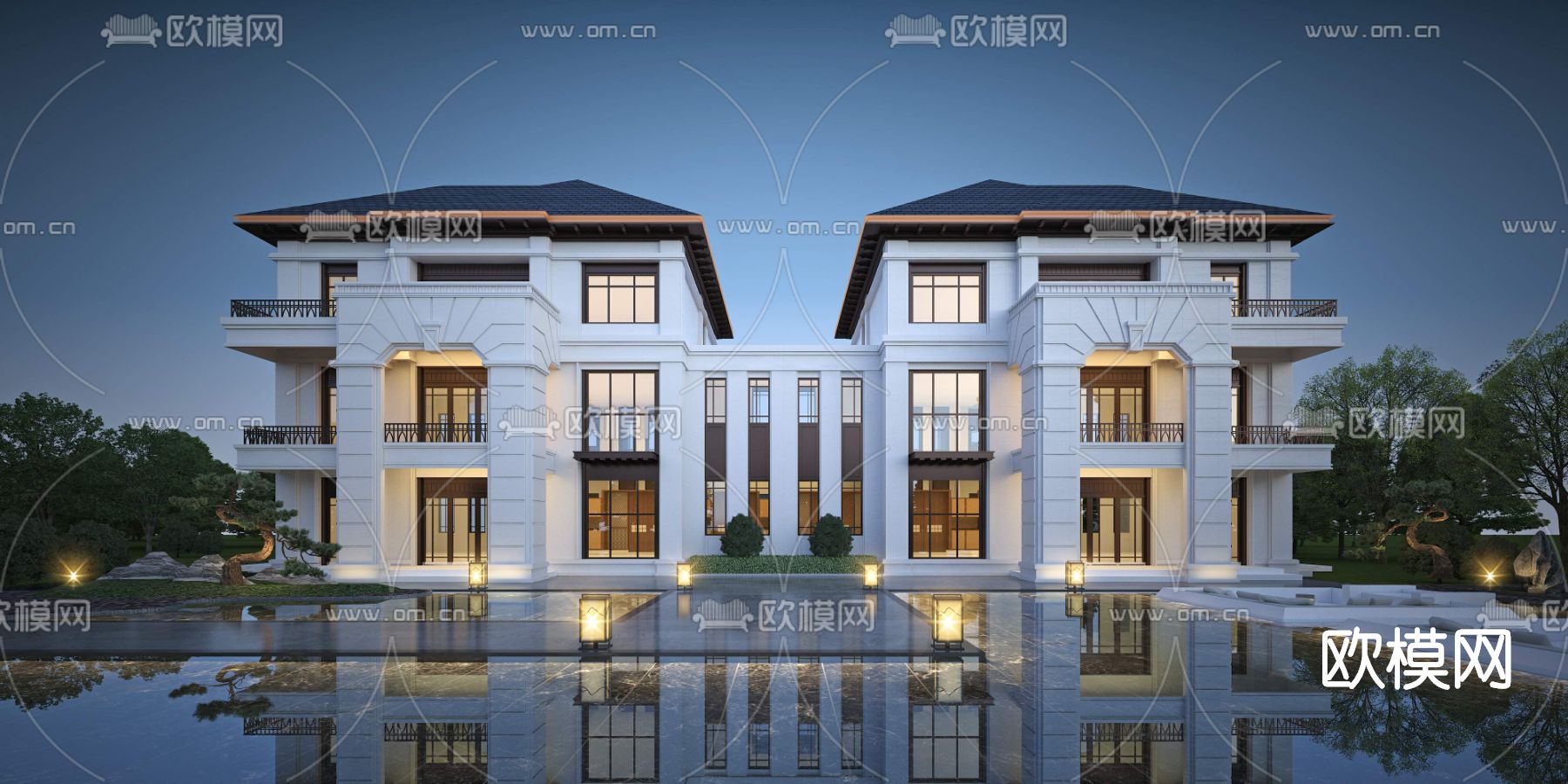 新中式双拼别墅外观3d模型下载