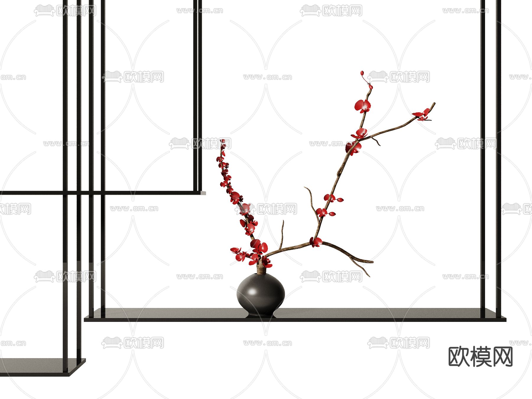 新中式梅花花瓶插花3d模型下载（渲染图1）