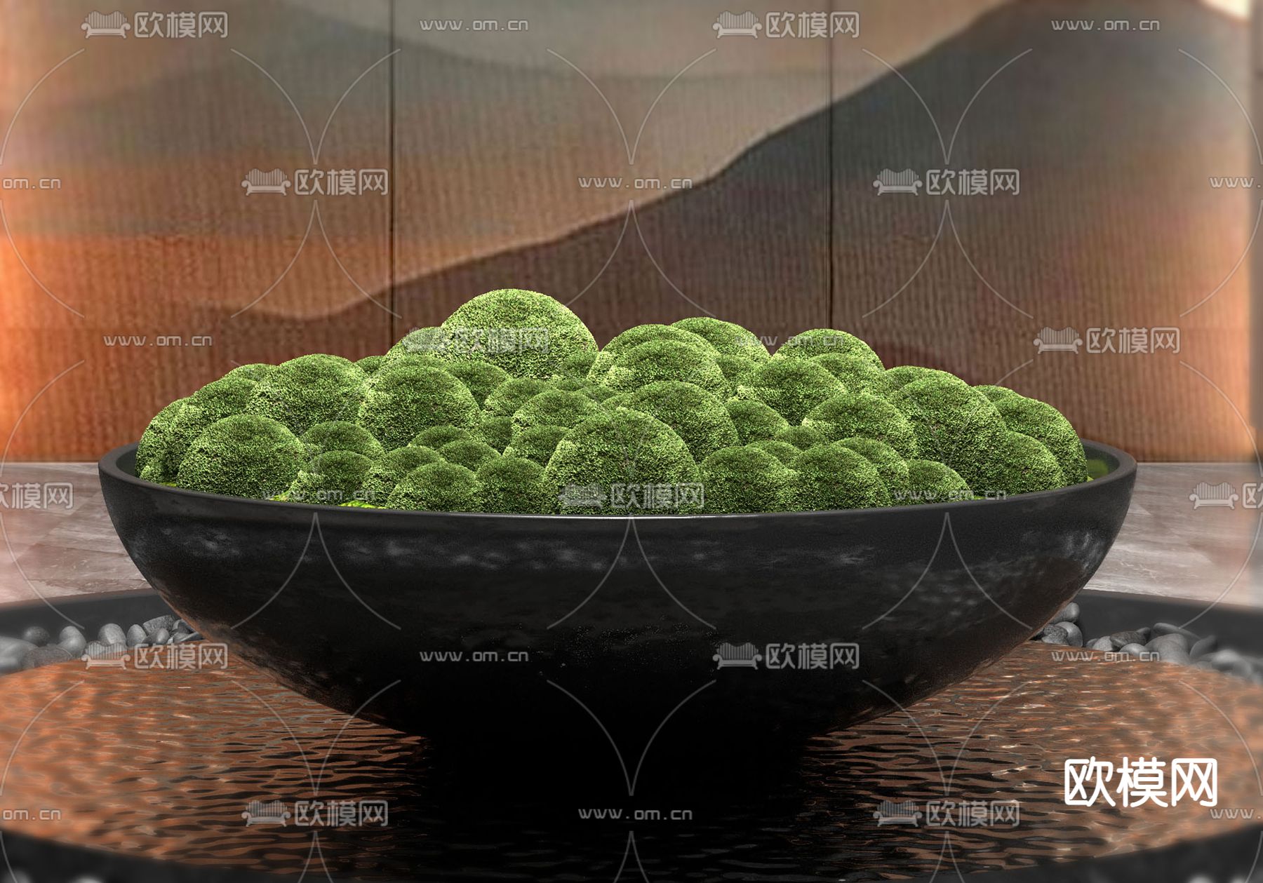 新中式苔藓盆栽室内园艺小品3d模型下载（渲染图2）