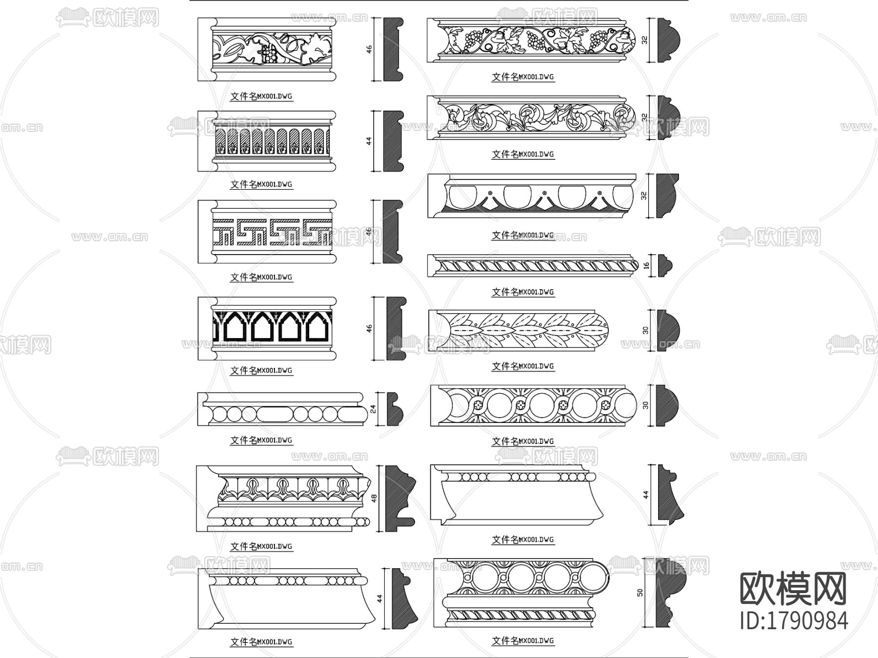 雕花木线cad图库下载