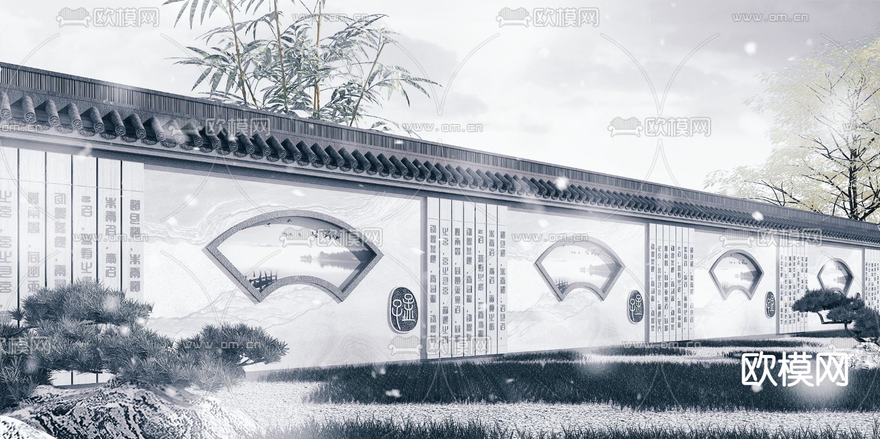 新中式围墙园林景观墙3d模型下载