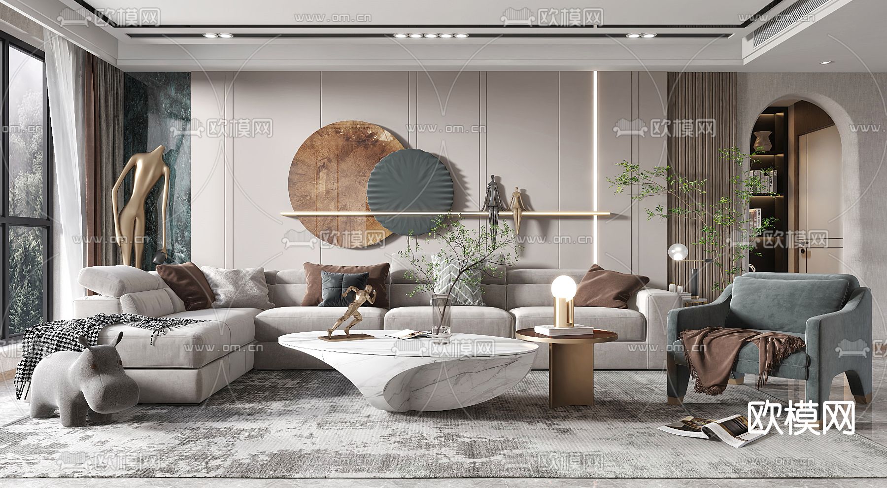 现代布艺转角沙发组合3d模型下载（渲染图3）