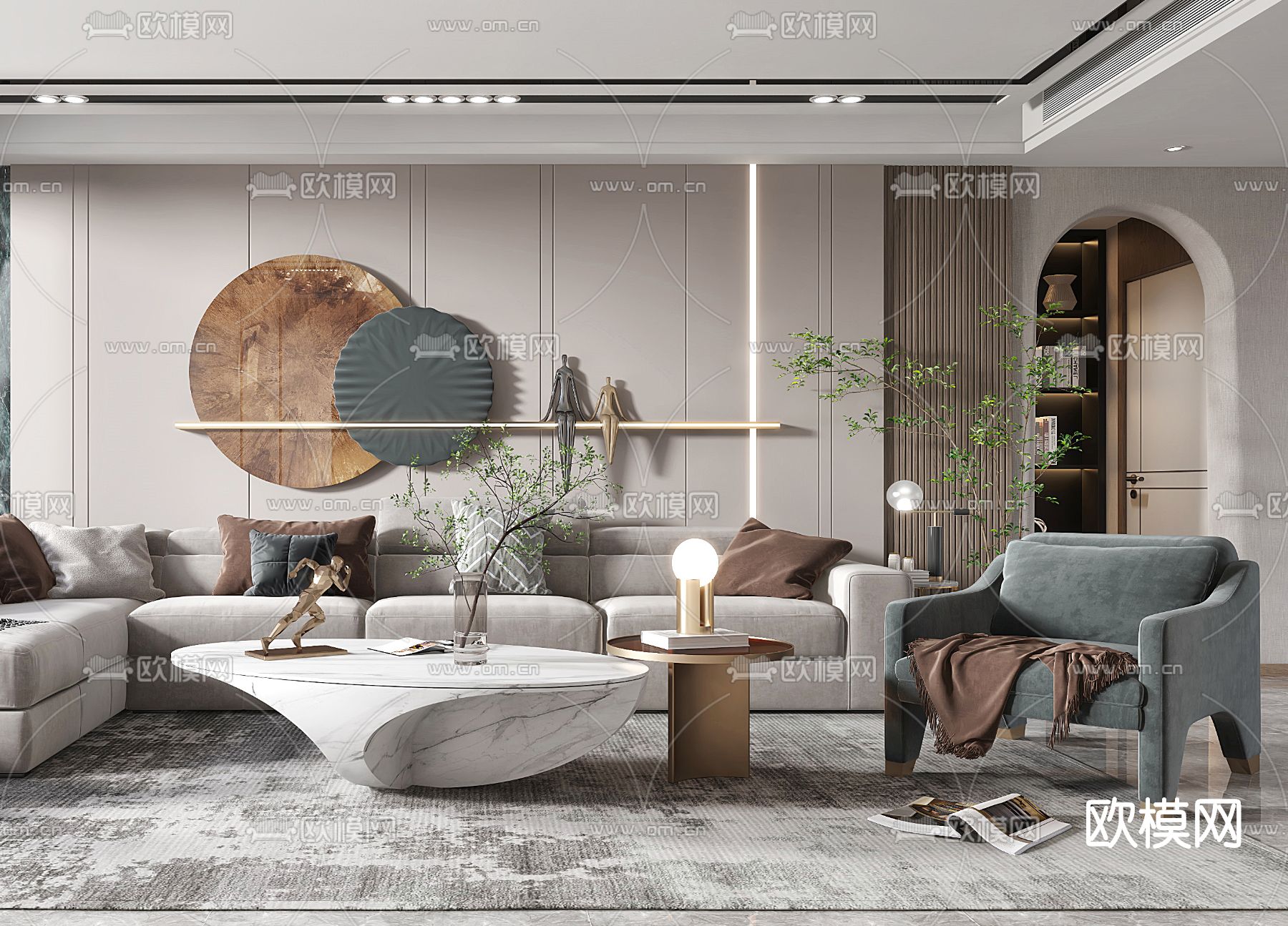 现代布艺转角沙发组合3d模型下载（渲染图2）