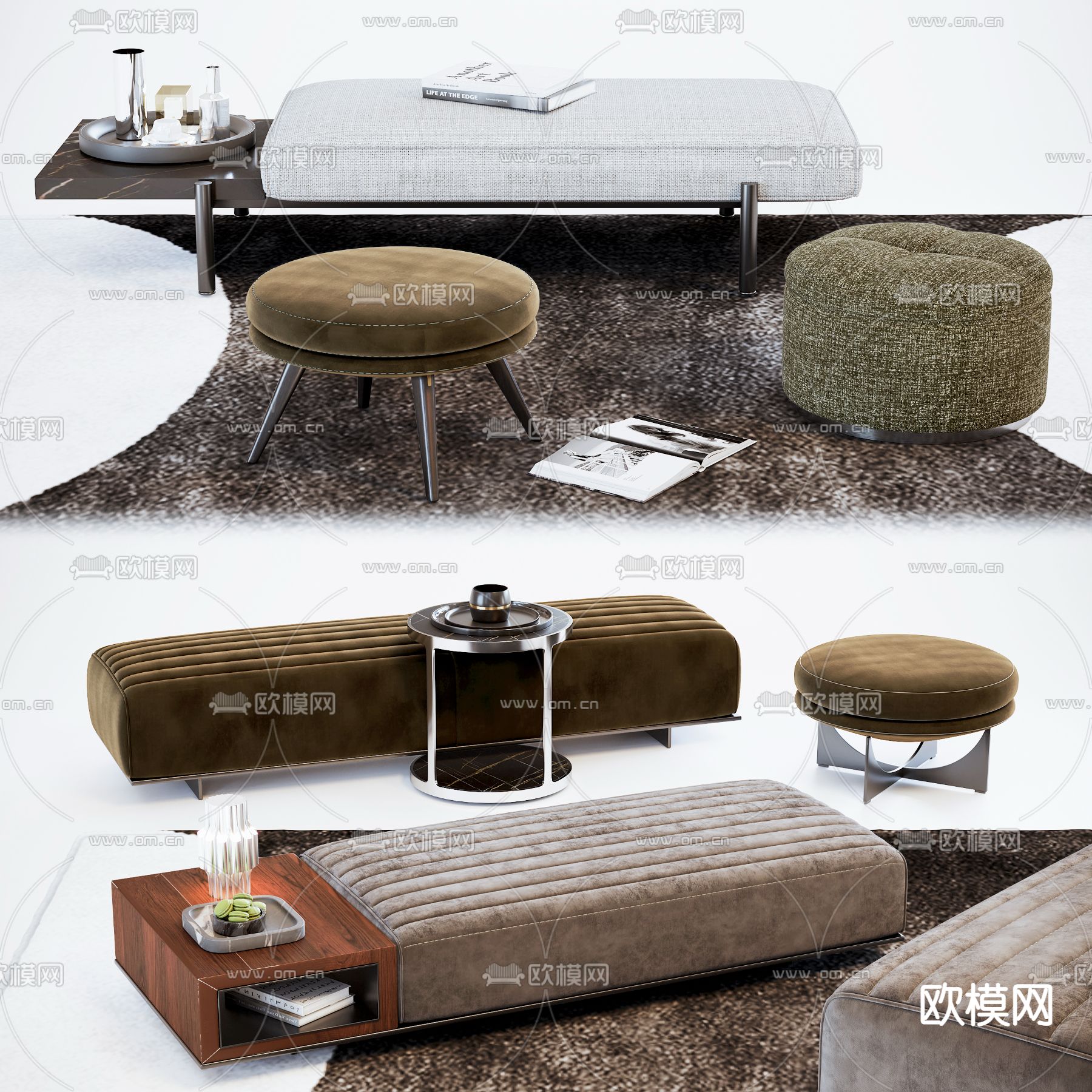 现代绒布长凳圆凳3d模型