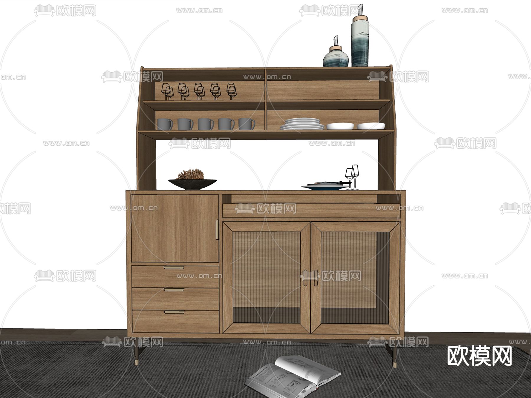 北欧实木备餐柜su模型下载（渲染图2）