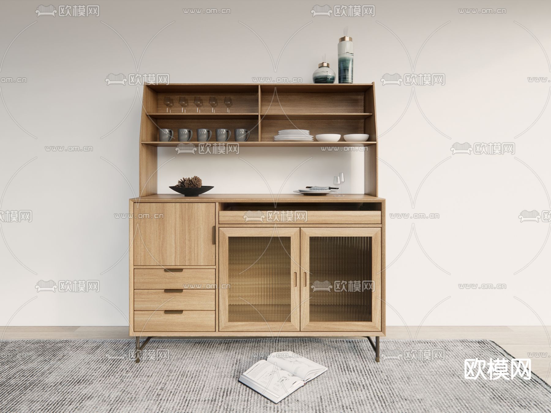 北欧实木备餐柜su模型下载（渲染图1）