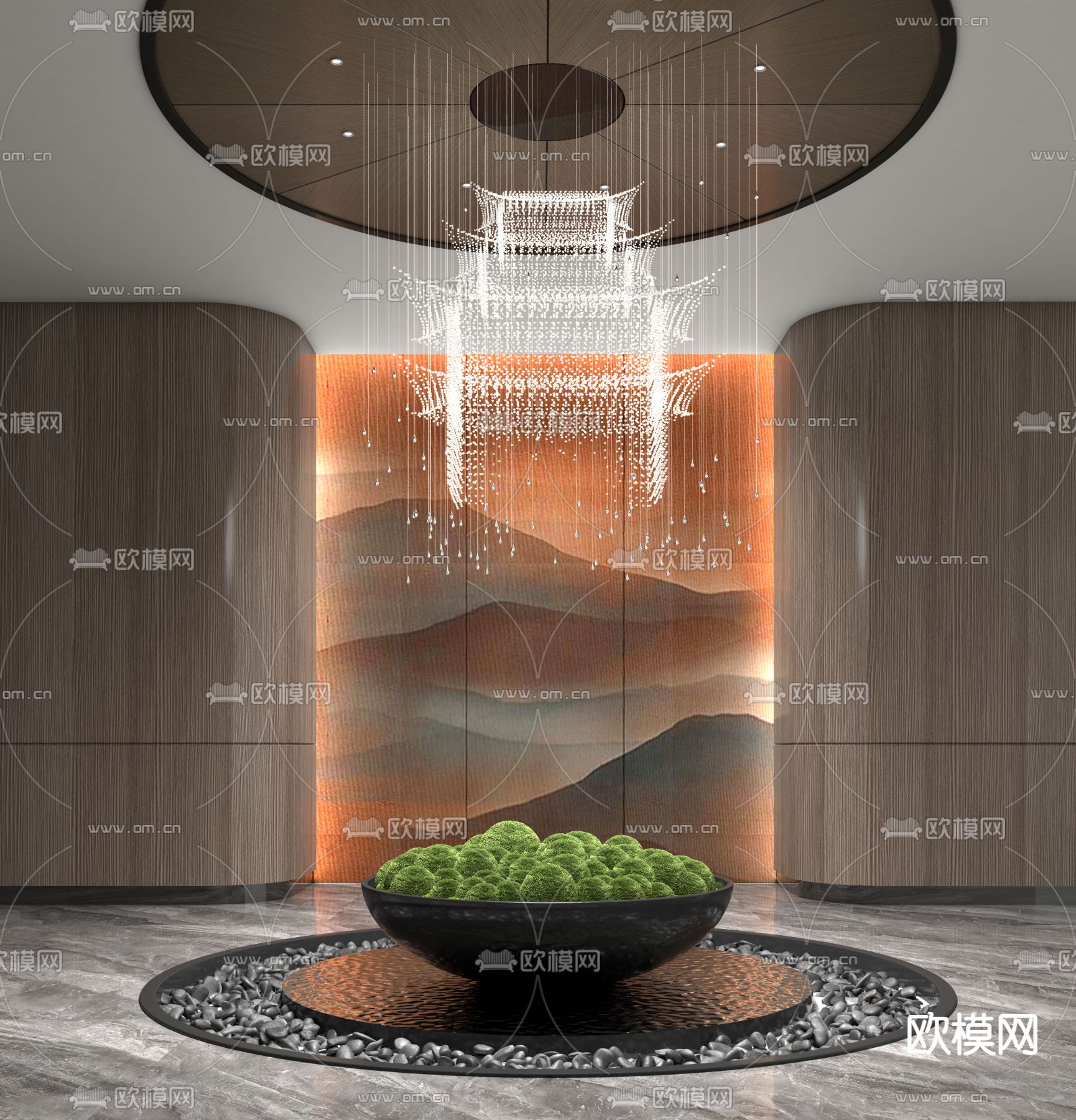 新中式苔藓盆栽室内园艺小品3d模型下载（渲染图1）