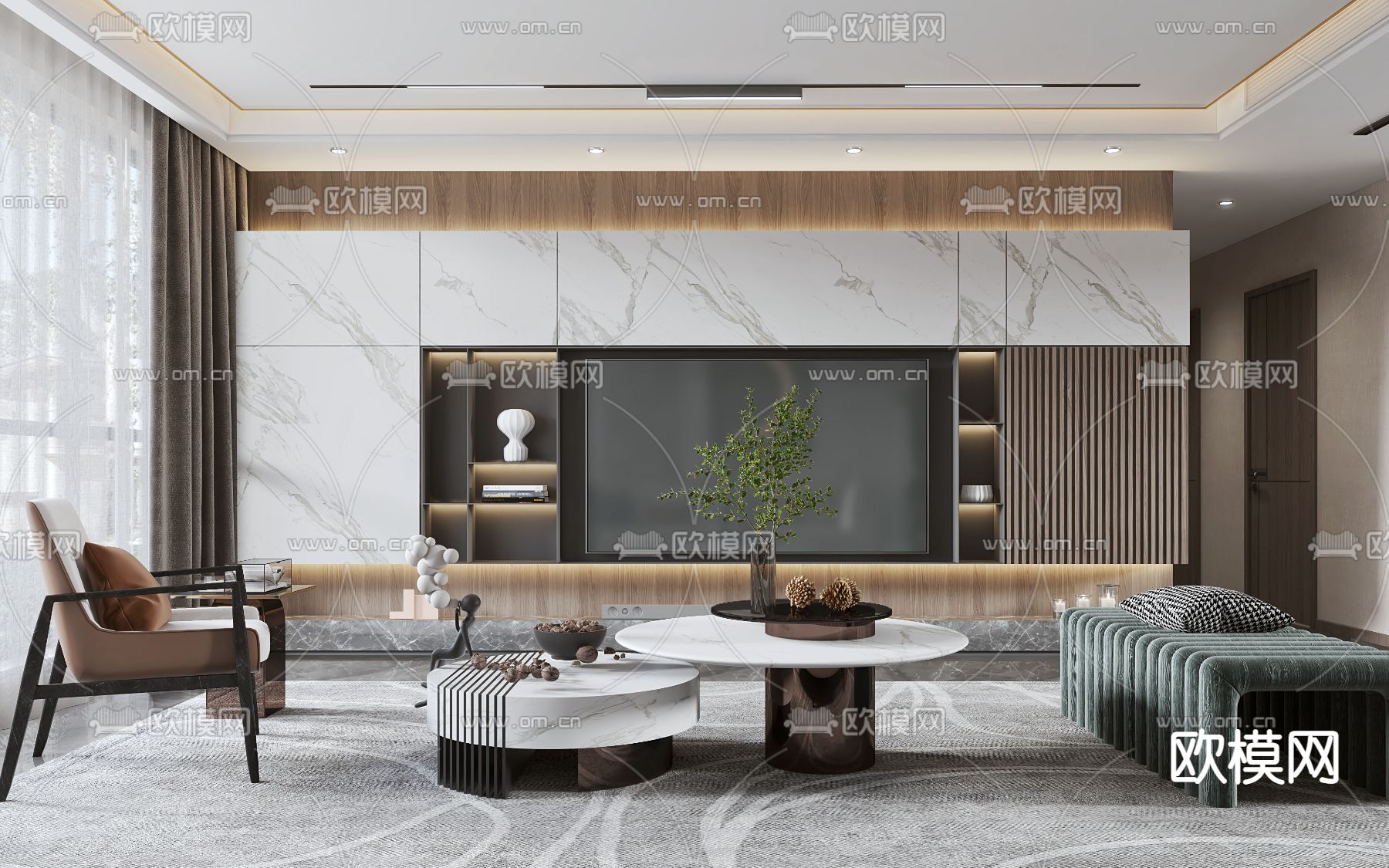 现代轻奢客厅3d模型下载（渲染图2）