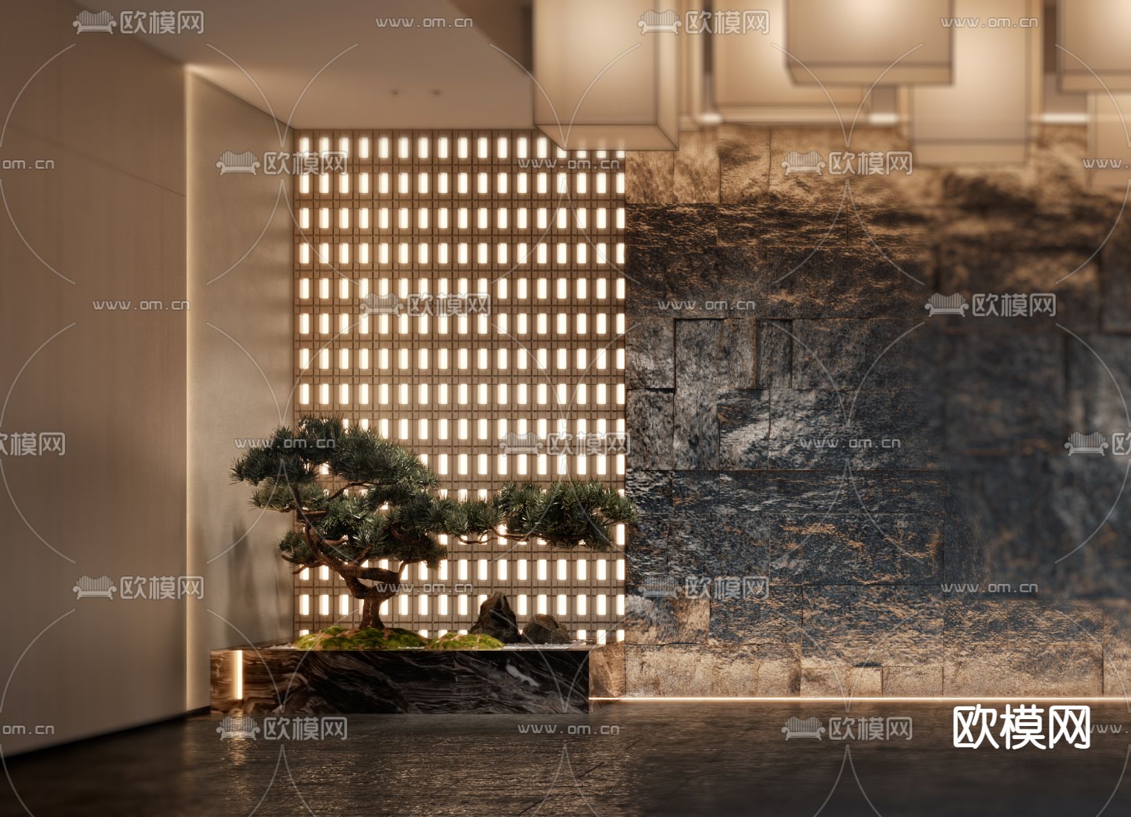 新中式会所门厅过道3d模型