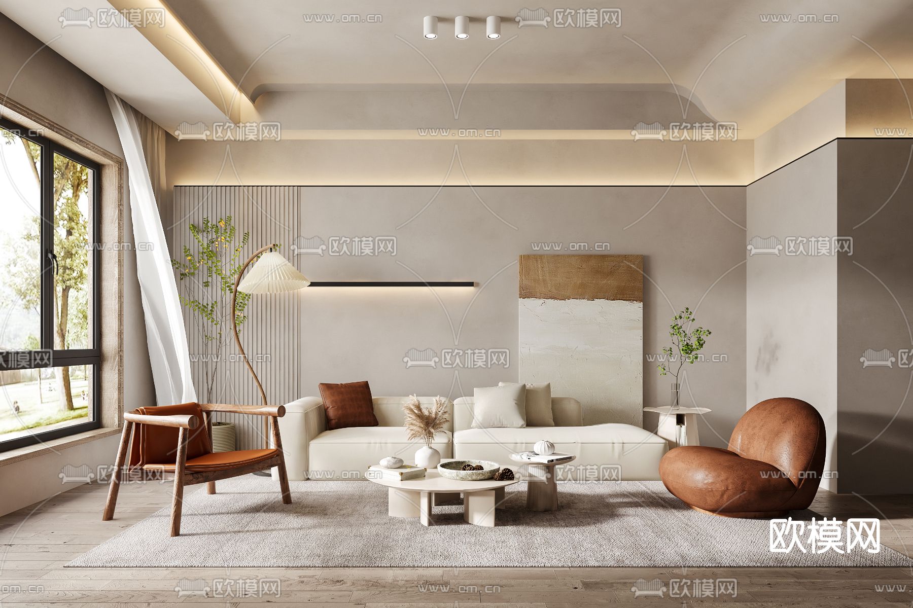 侘寂布艺沙发组合3d模型下载（渲染图1）