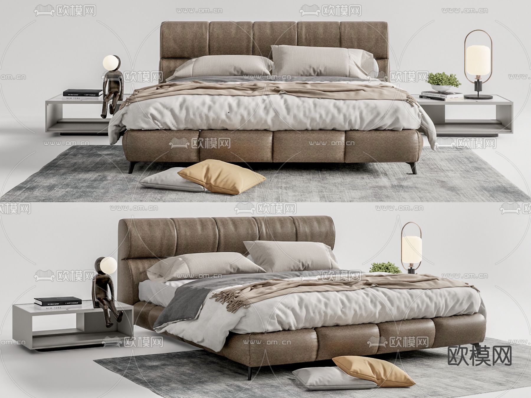 现代双人床su模型下载（渲染图1）