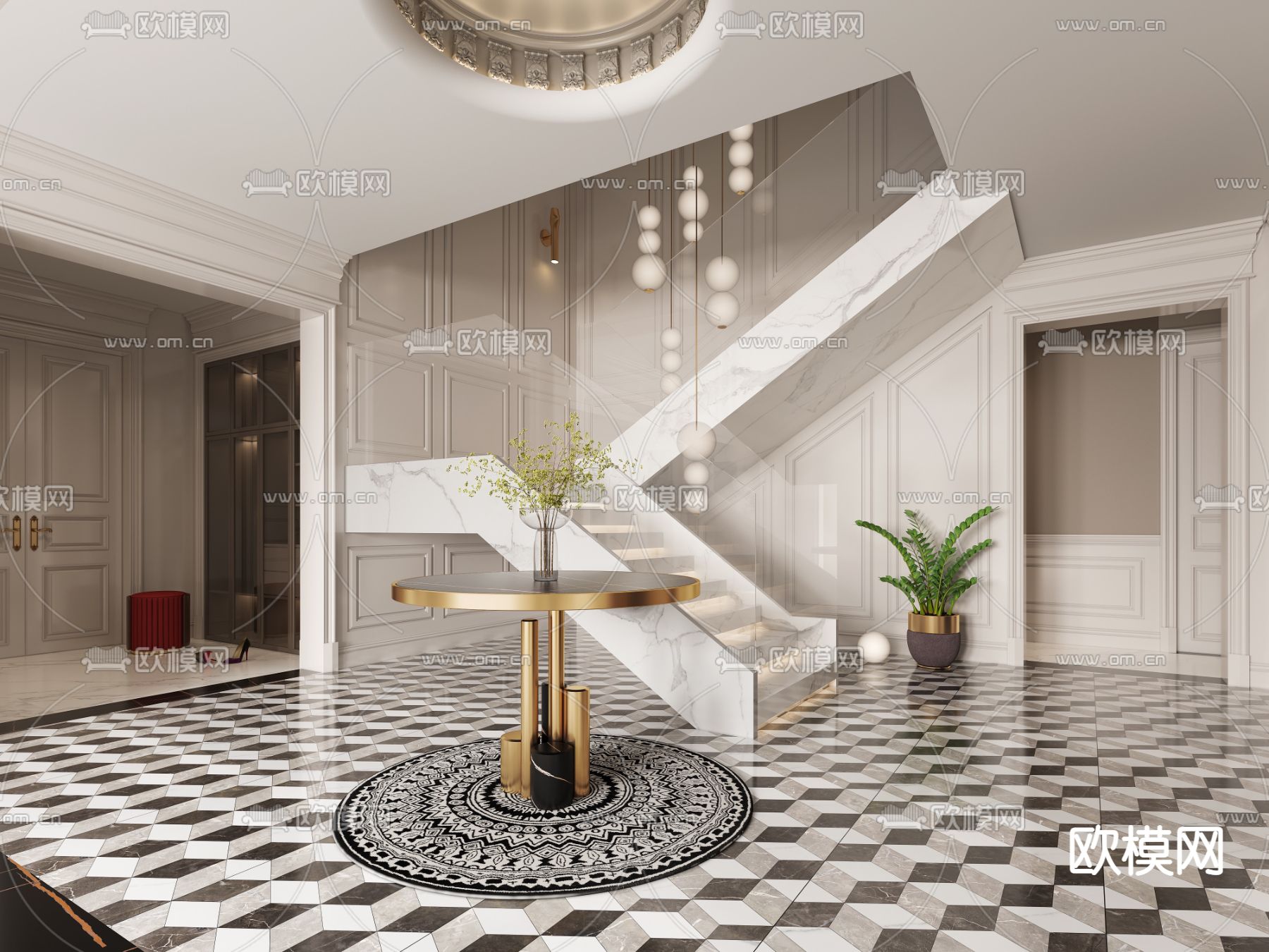 简欧别墅楼梯间3d模型下载（渲染图1）