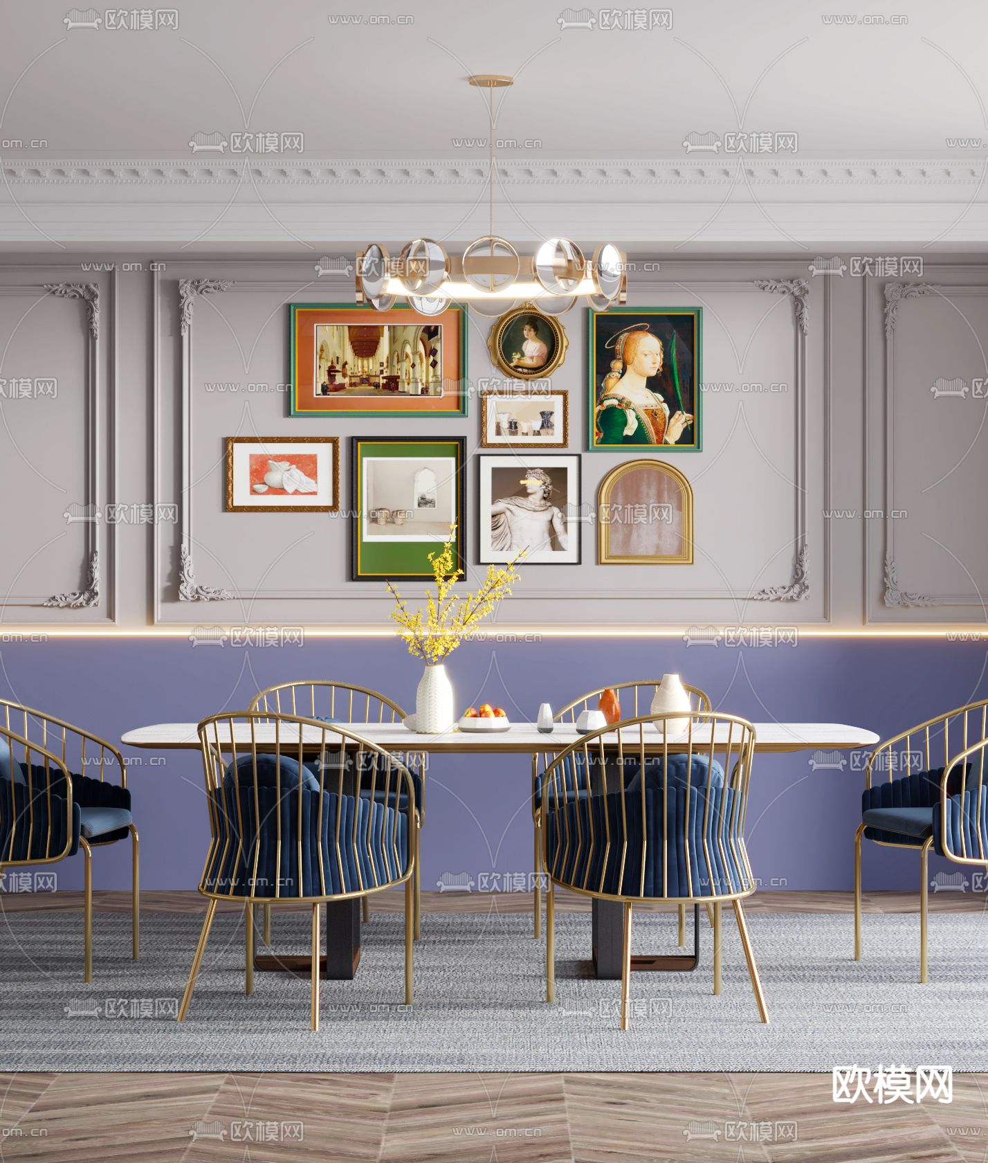 法式轻奢条形餐桌椅3d模型下载（渲染图2）