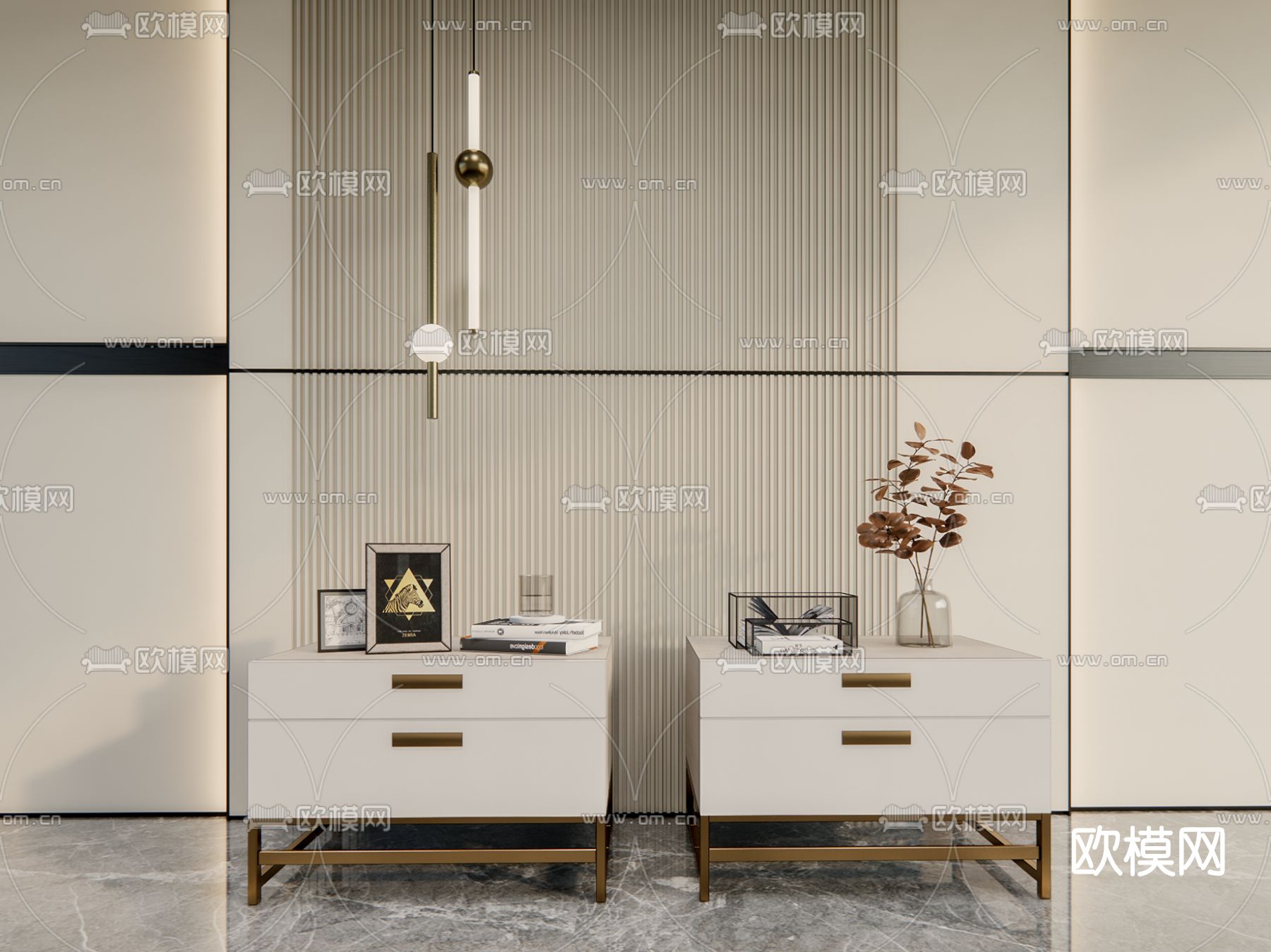 现代床头柜su模型下载（渲染图1）