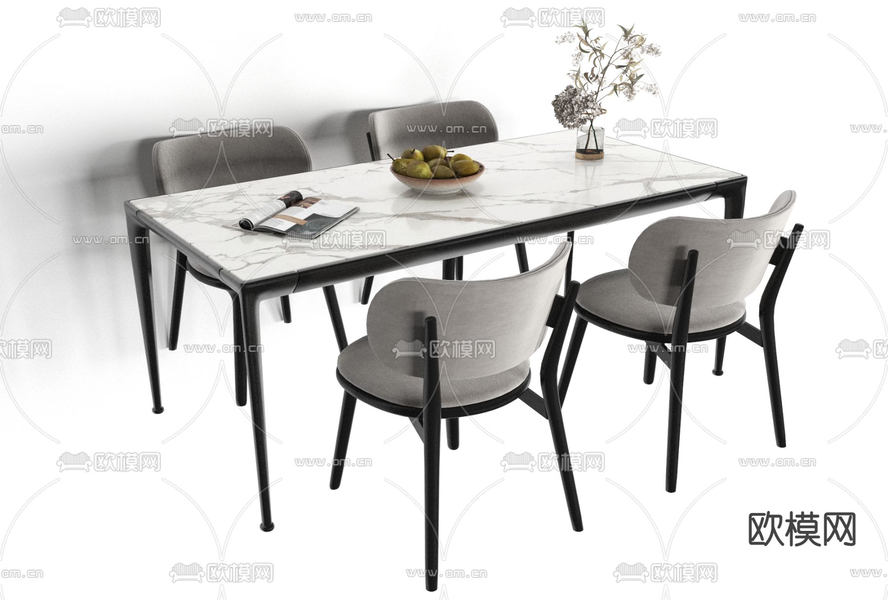 新中式大理石餐桌椅免费3d模型下载