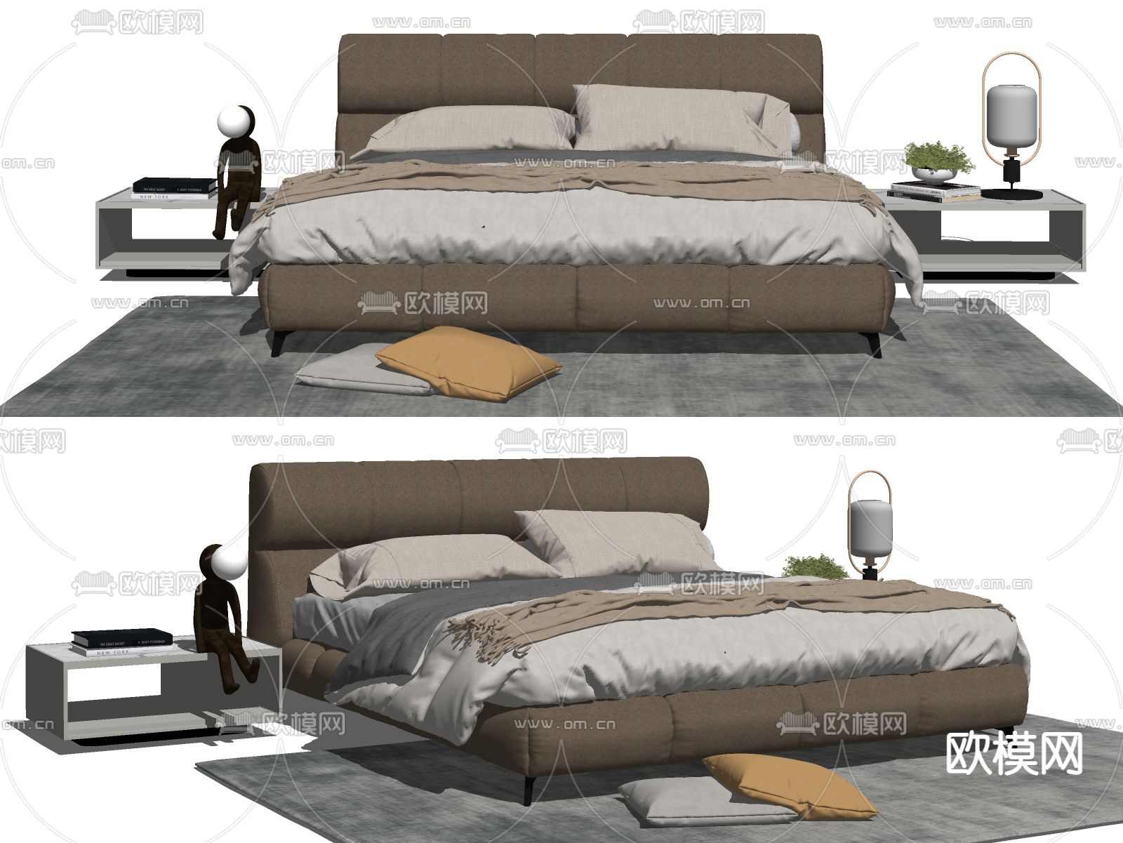 现代双人床su模型下载（渲染图2）