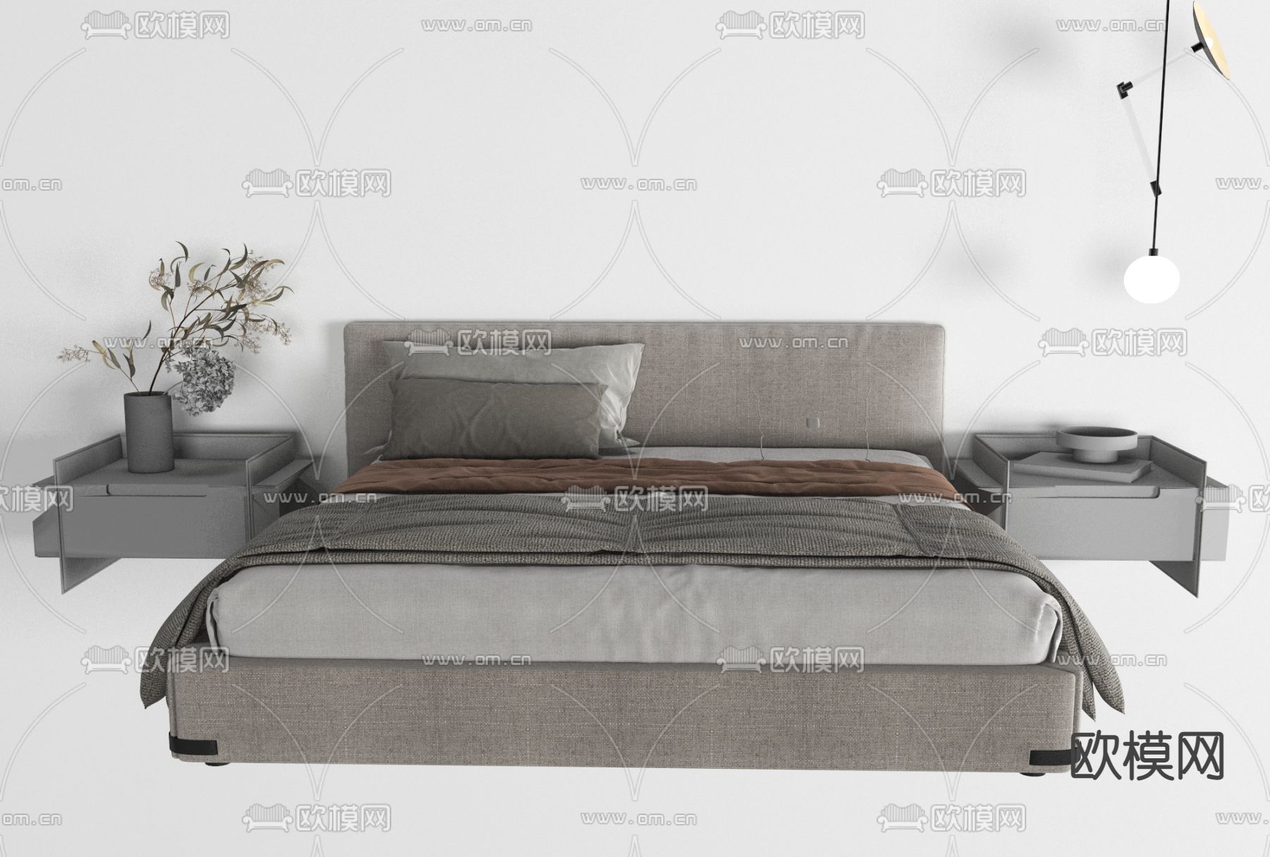 现代布艺双人床免费3d模型下载