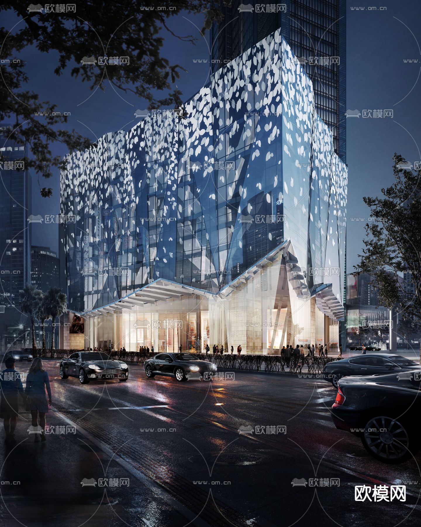 现代商业办公楼夜景3d模型下载