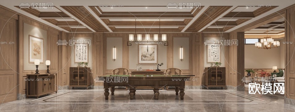 新中式桌球室娱乐室3d模型下载(渲染图1)