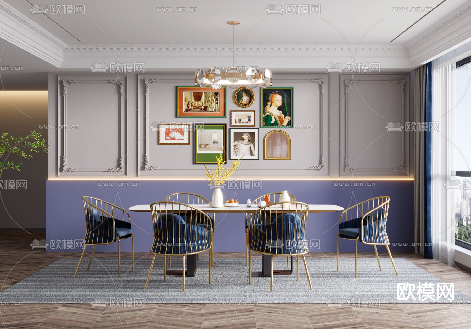 法式轻奢条形餐桌椅3d模型下载（渲染图1）