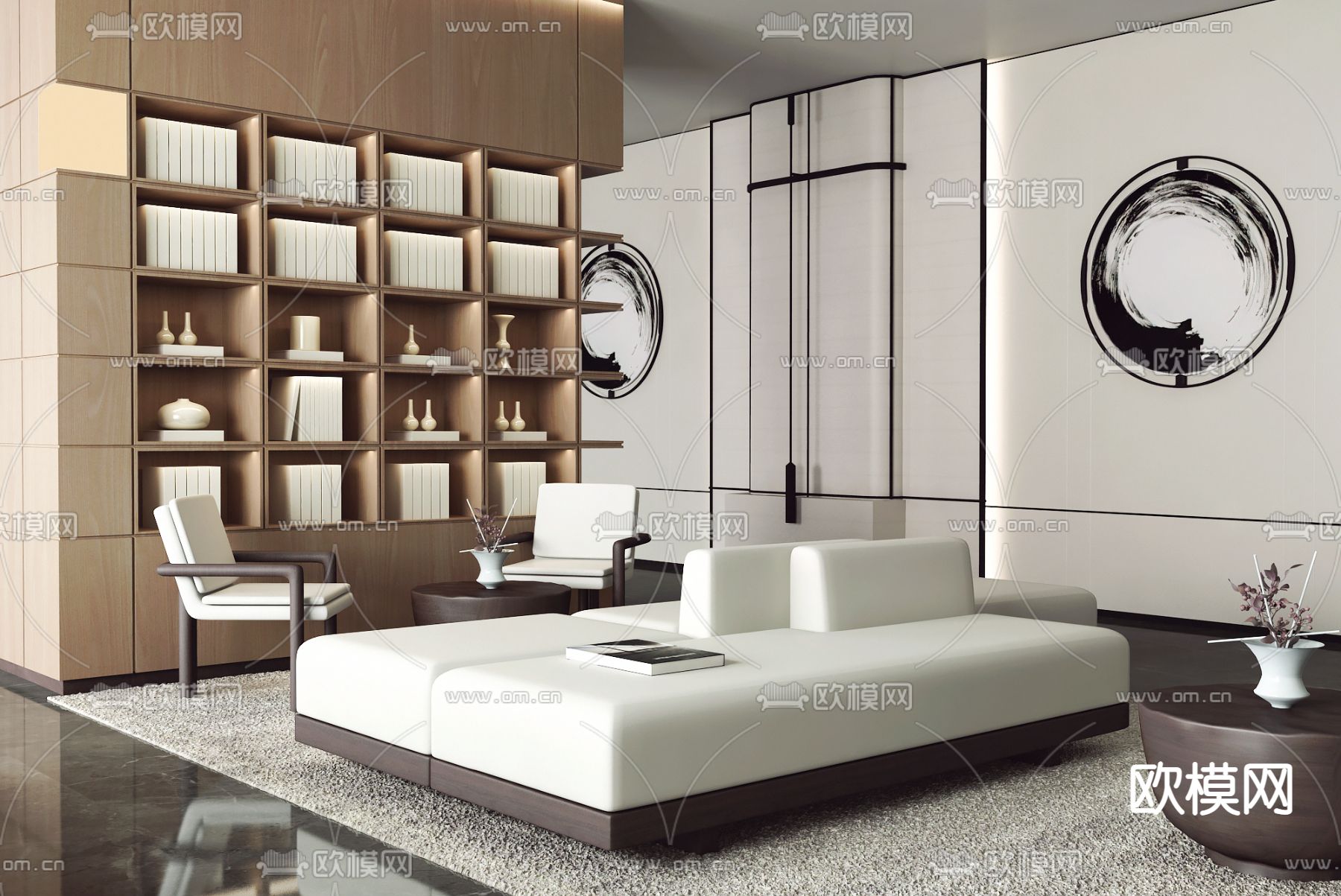 万景百年设计 新中式售楼处洽谈区3d模型下载（渲染图1）