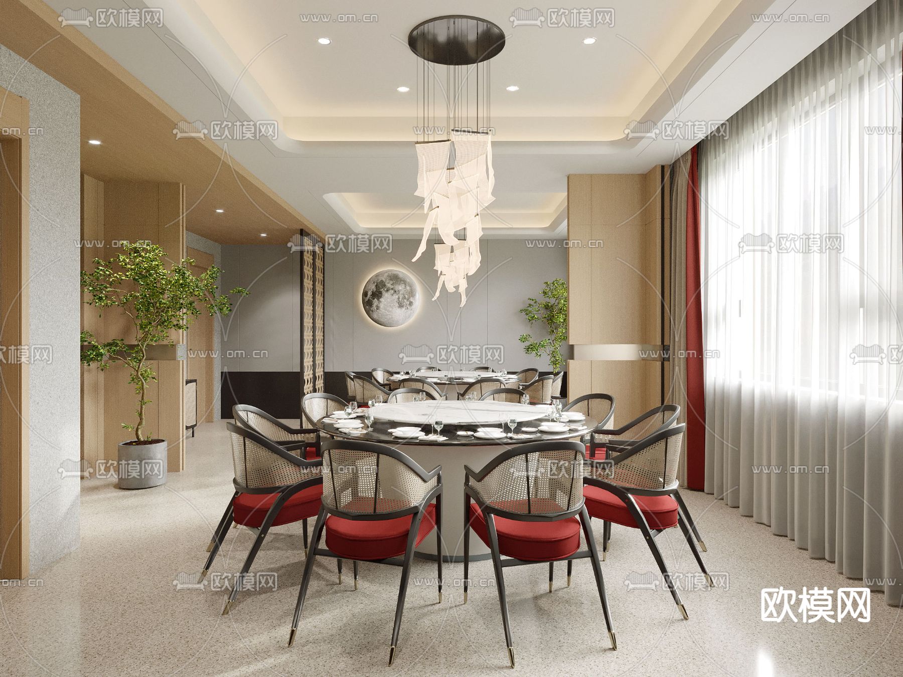 新中式酒店餐厅包厢3d模型下载（渲染图1）