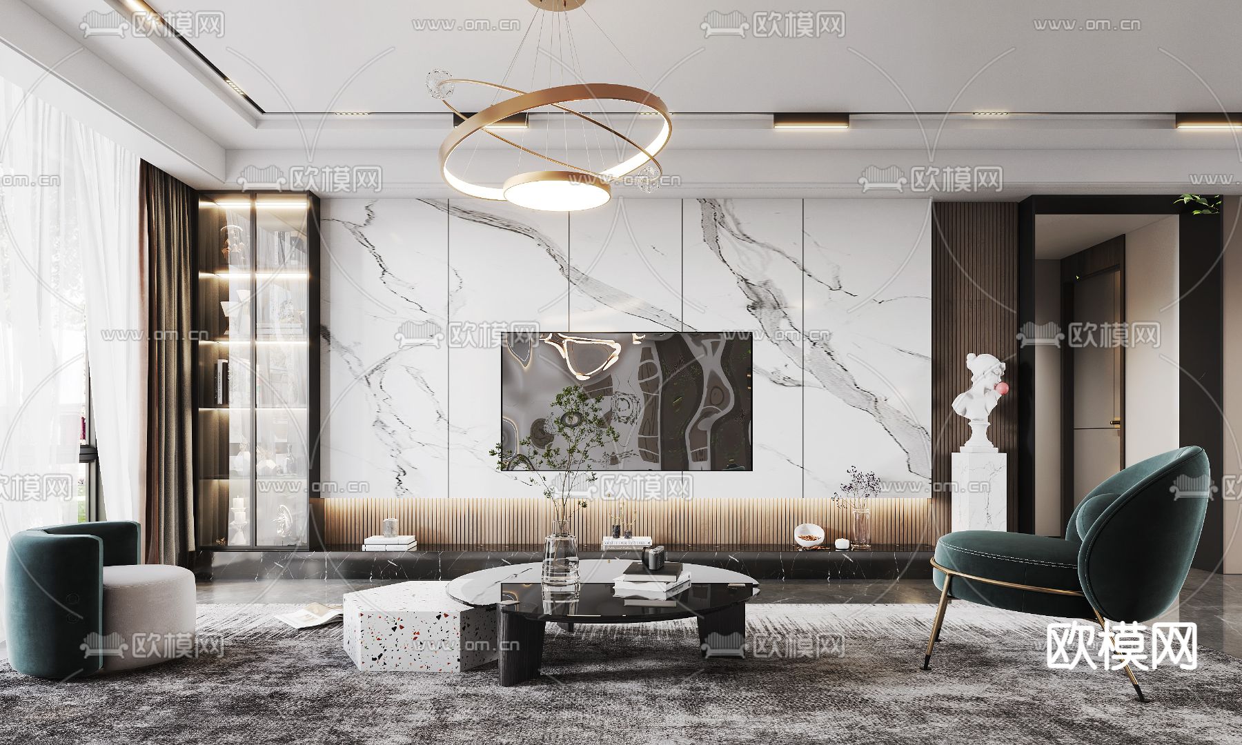 现代轻奢客厅3d模型下载（渲染图2）