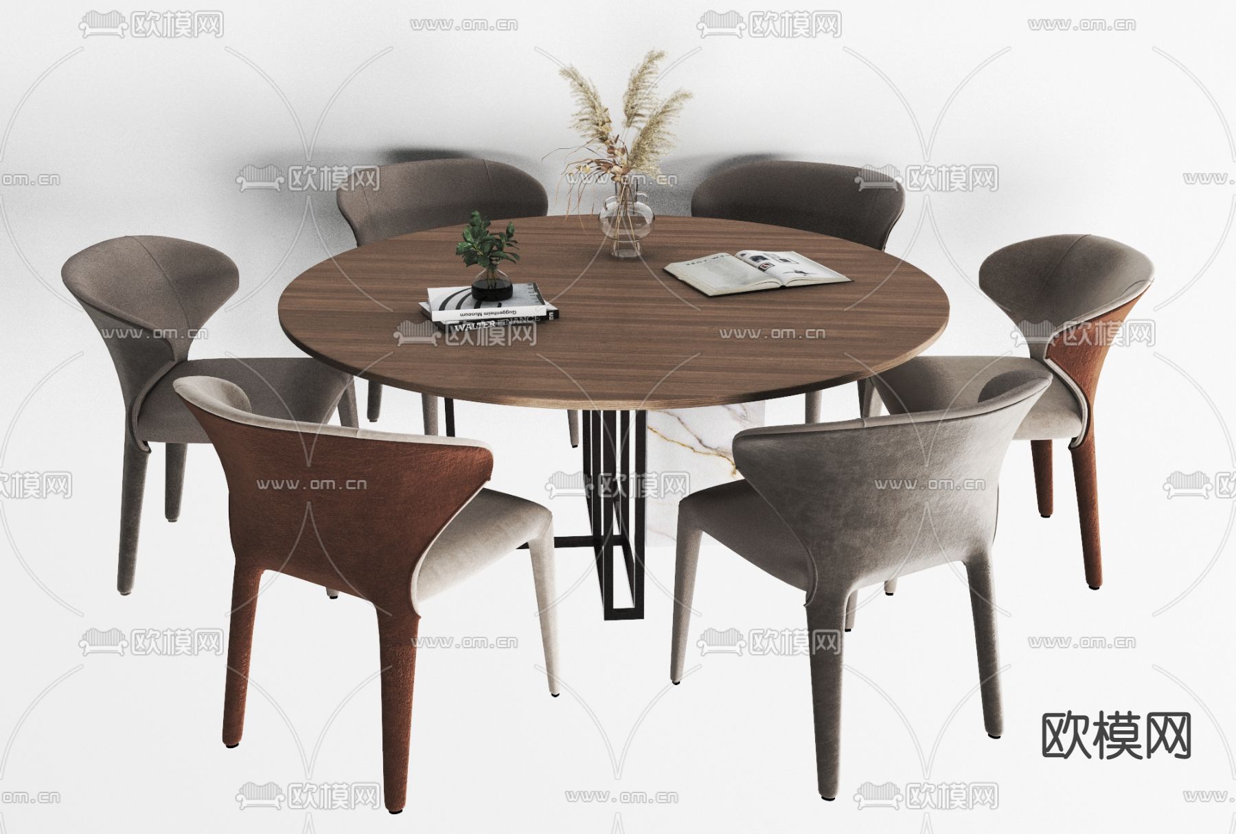 现代实木圆形餐桌椅免费3d模型下载（渲染图1）