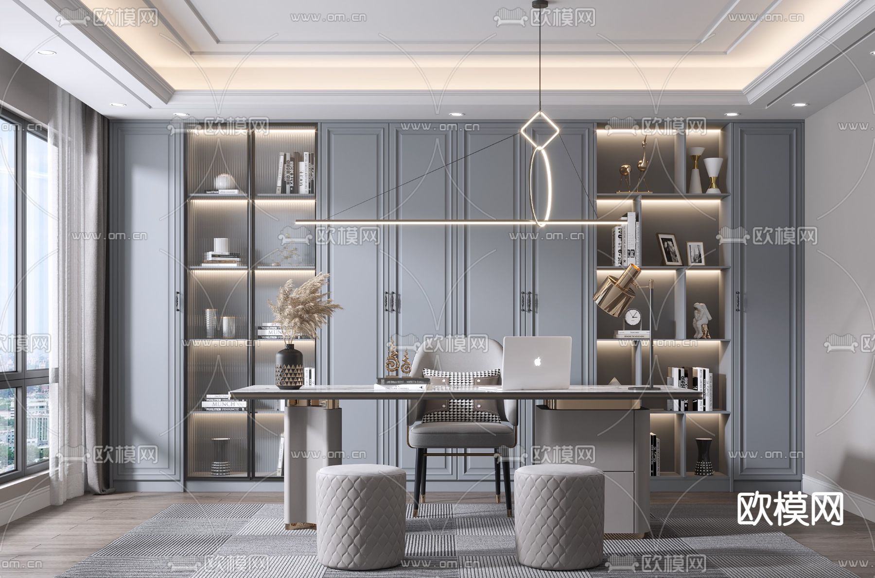 美式书房3d模型下载（渲染图1）