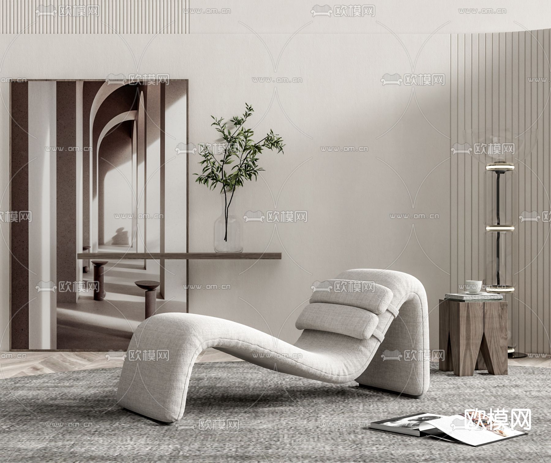 现代布艺休闲躺椅su模型下载（渲染图1）