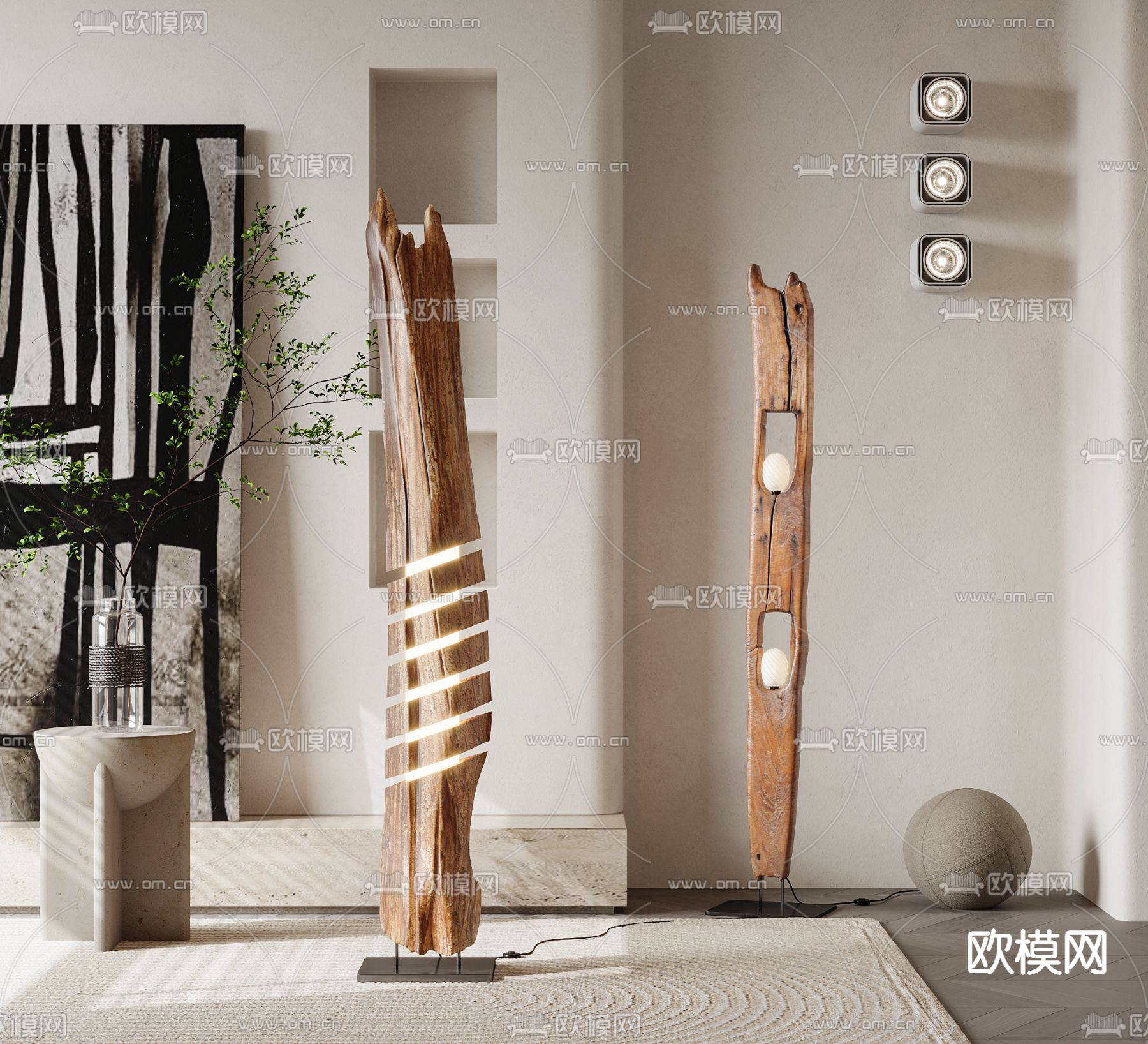 侘寂风原木落地灯3d模型下载