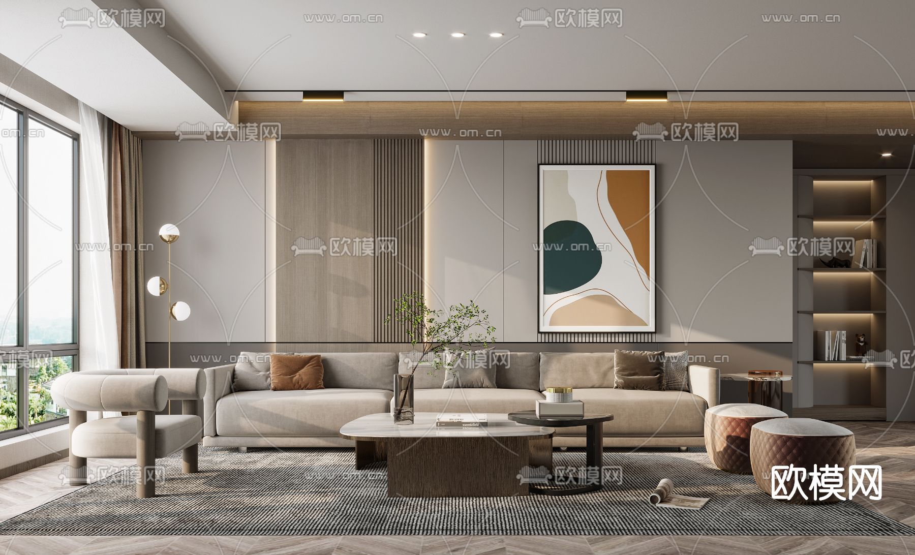 现代布艺沙发组合3d模型下载（渲染图1）