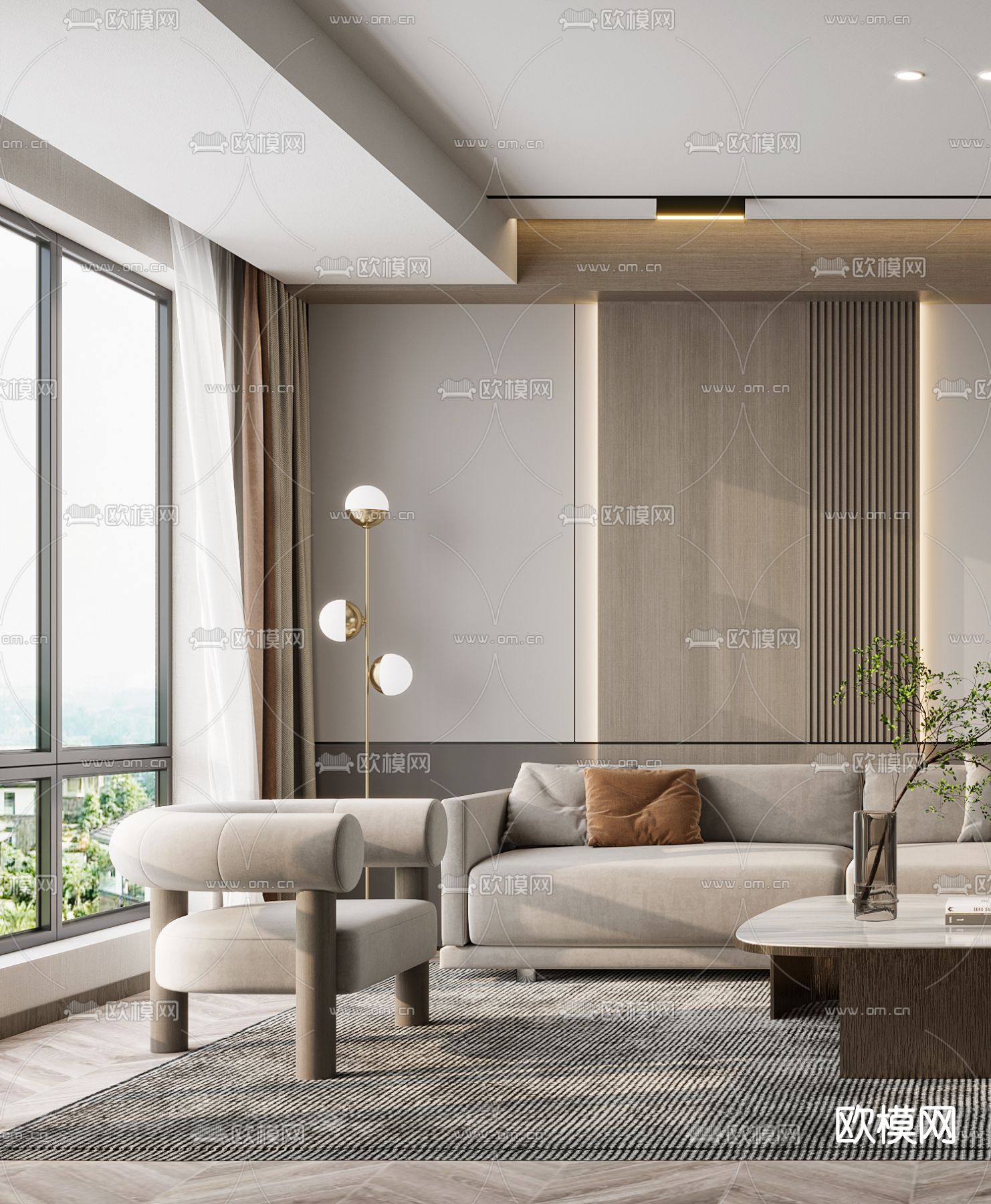 现代布艺沙发组合3d模型下载（渲染图2）