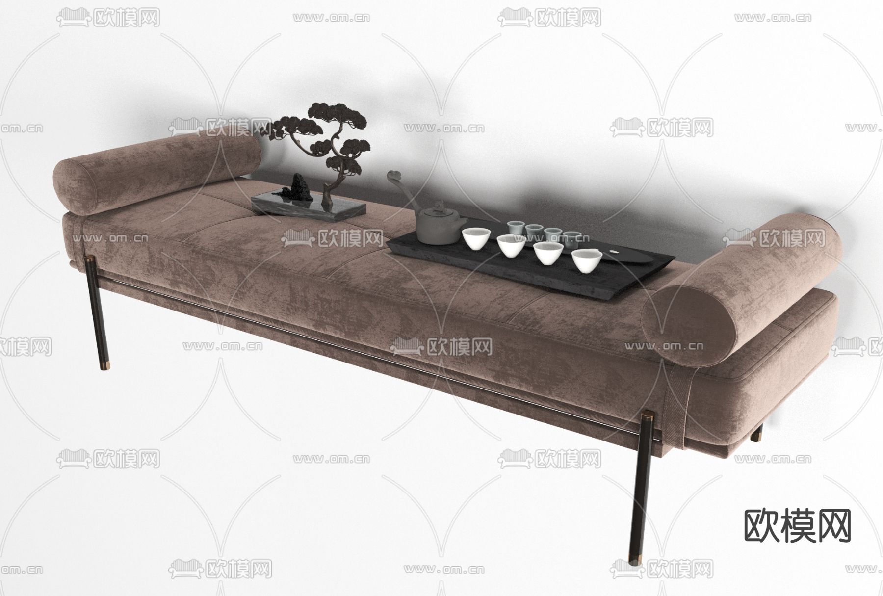 新中式布艺沙发脚踏免费3d模型下载