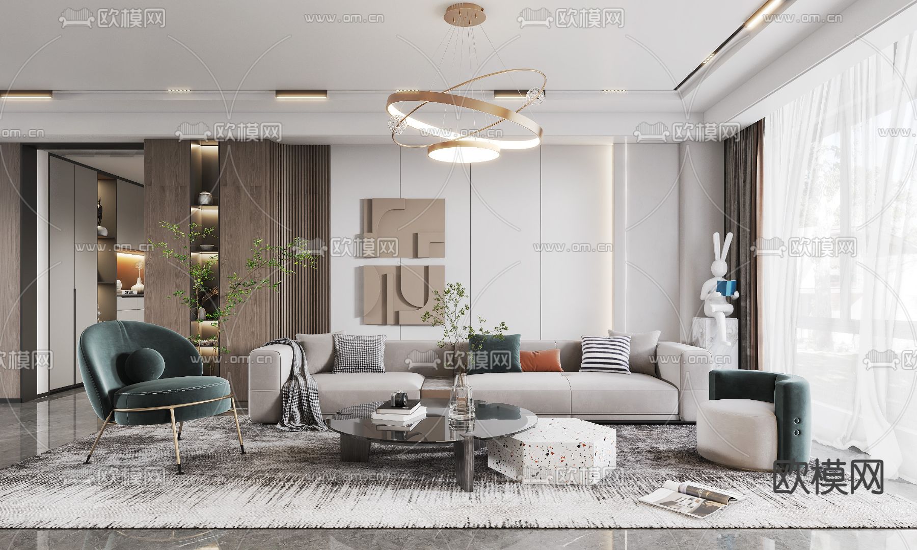 现代轻奢客厅3d模型下载（渲染图1）