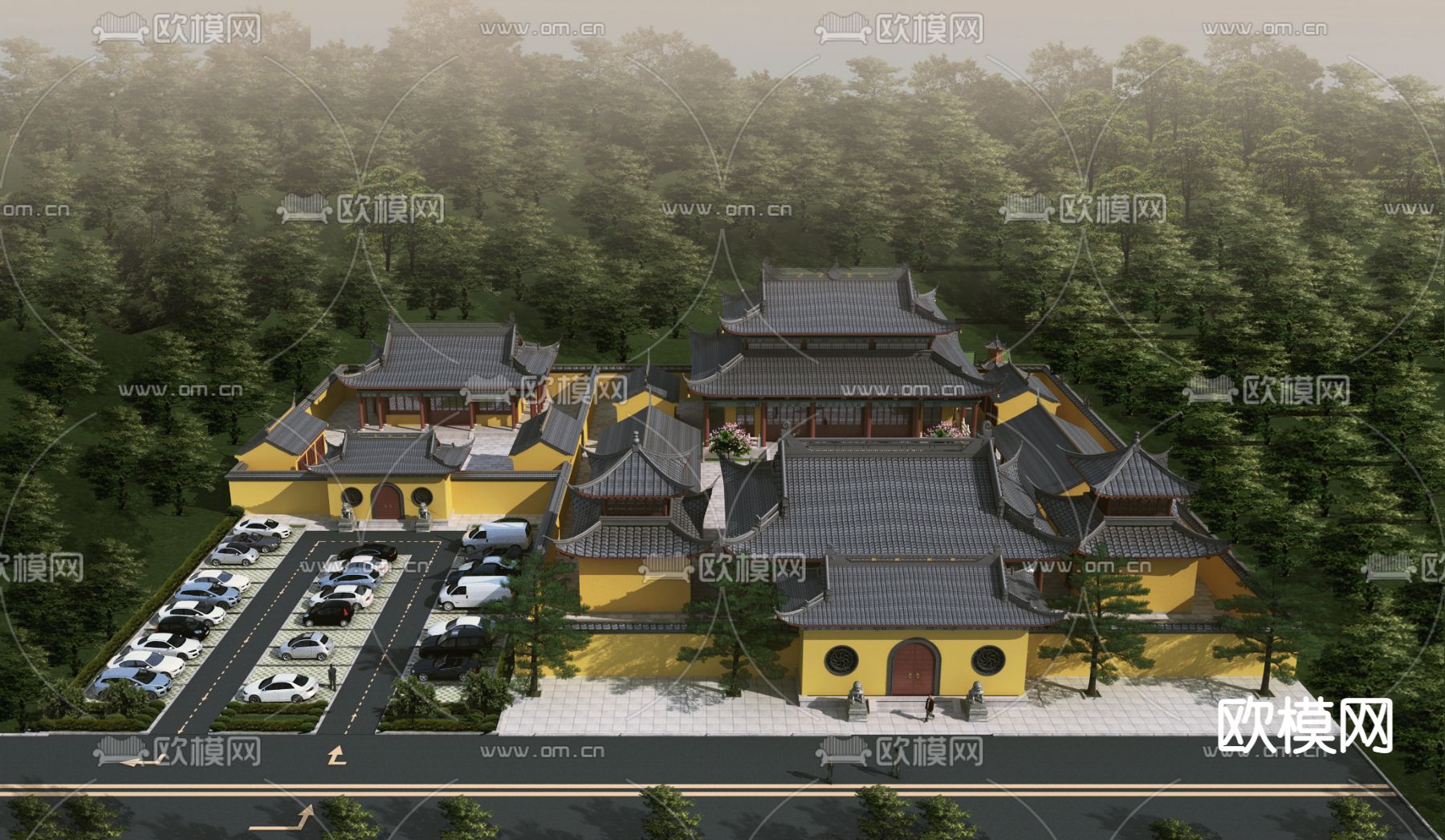 中式寺院鸟瞰3d模型