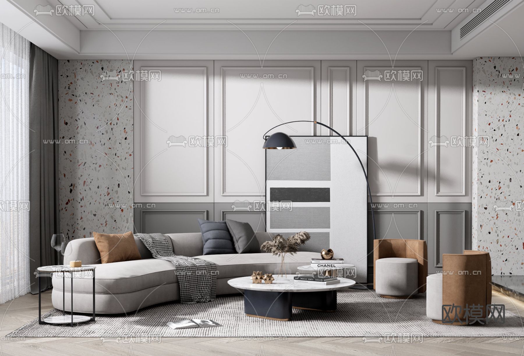 现代布艺沙发组合su模型下载（渲染图1）