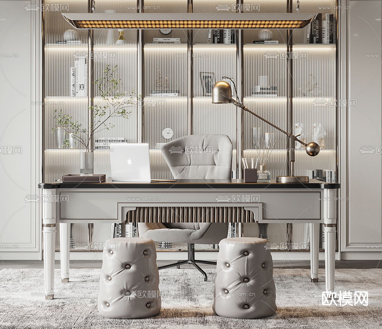美式轻奢书房3d模型下载（渲染图2）