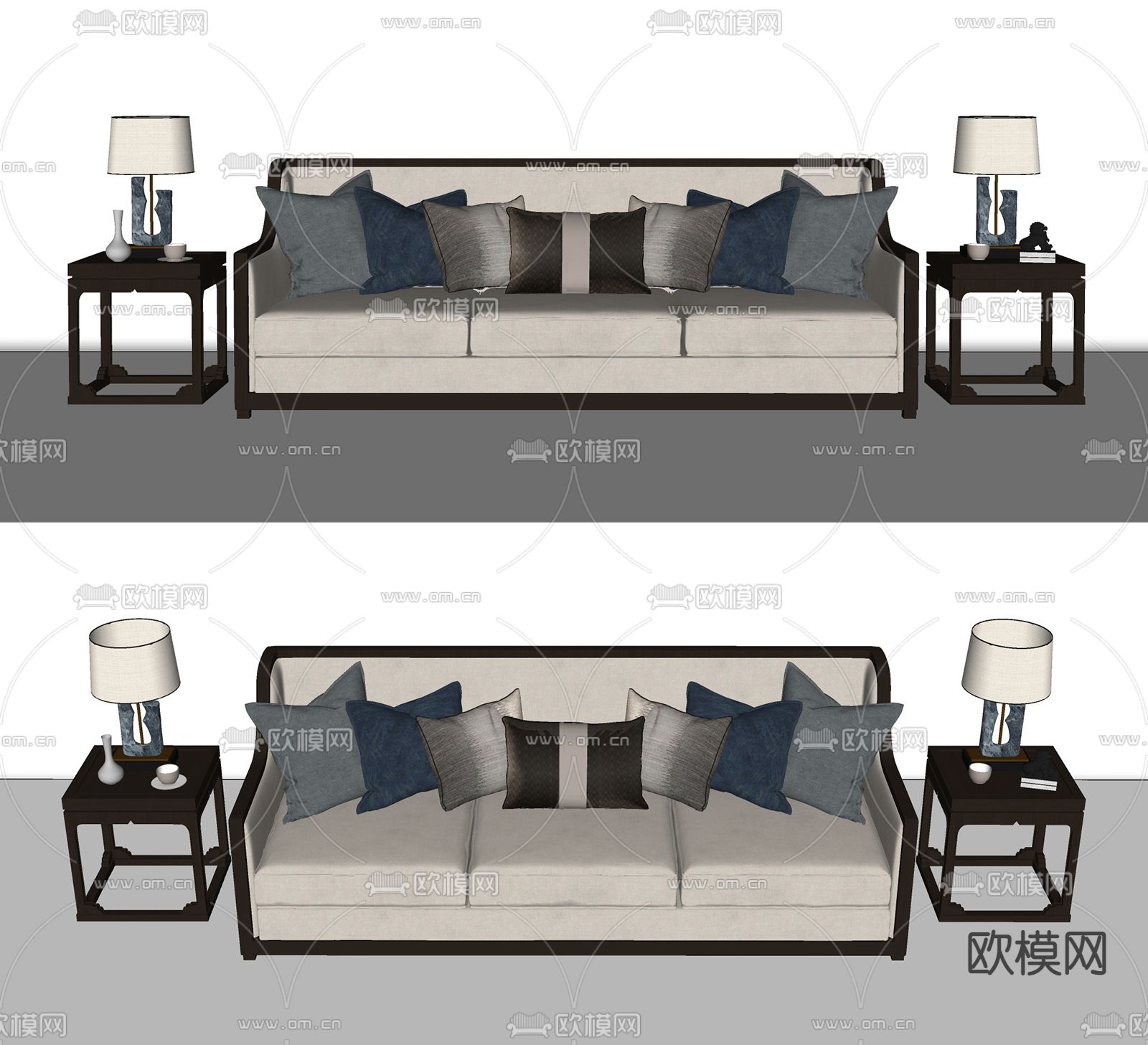 新中式布艺多人沙发su模型下载（渲染图2）