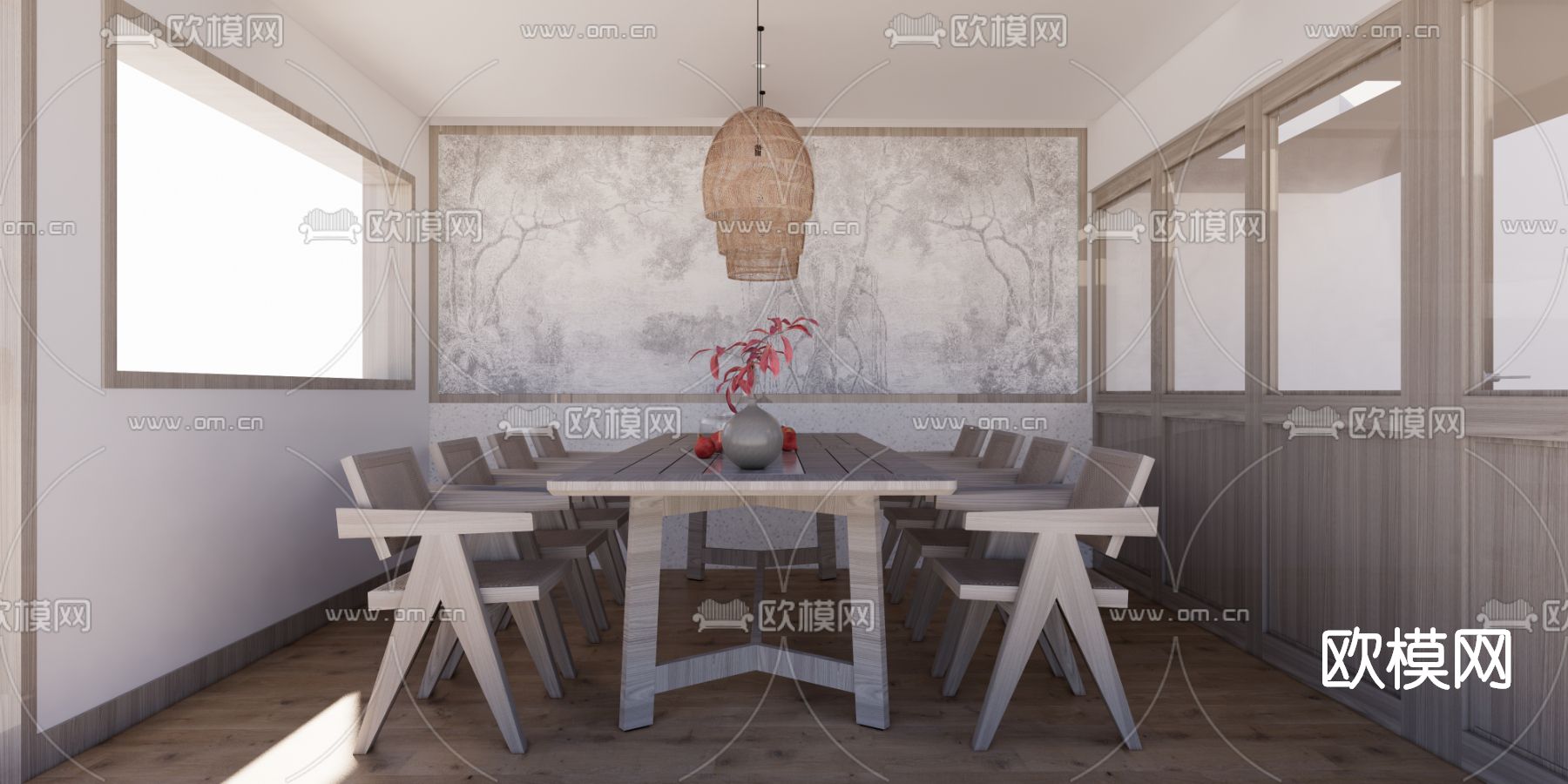 侘寂风实木餐桌椅su模型下载（渲染图1）